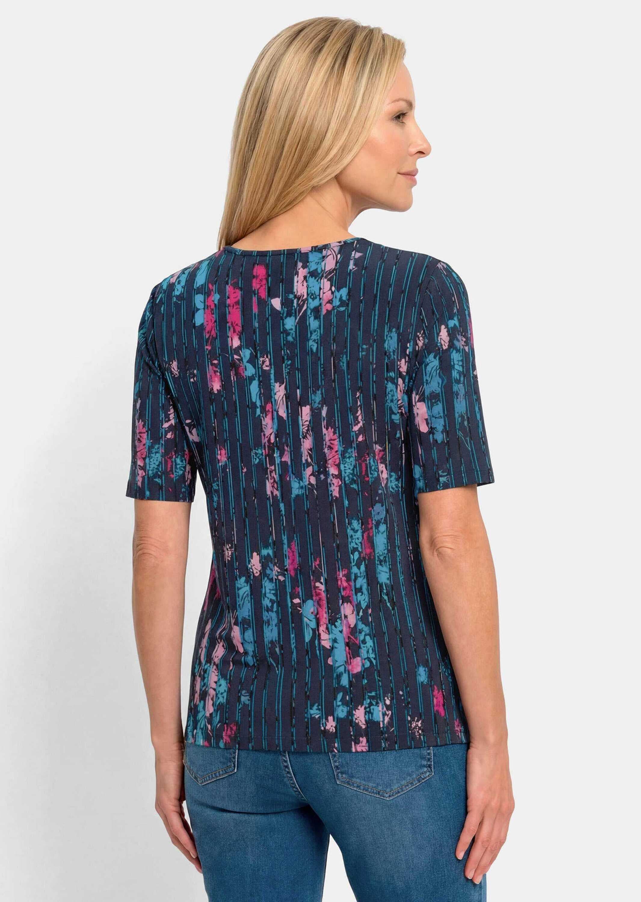 GOLDNER Kurzarmshirt »Kurzgröße Viskoseshirt mit Blüten und Längsstreifen« stretchbequemer Viskosejersey
