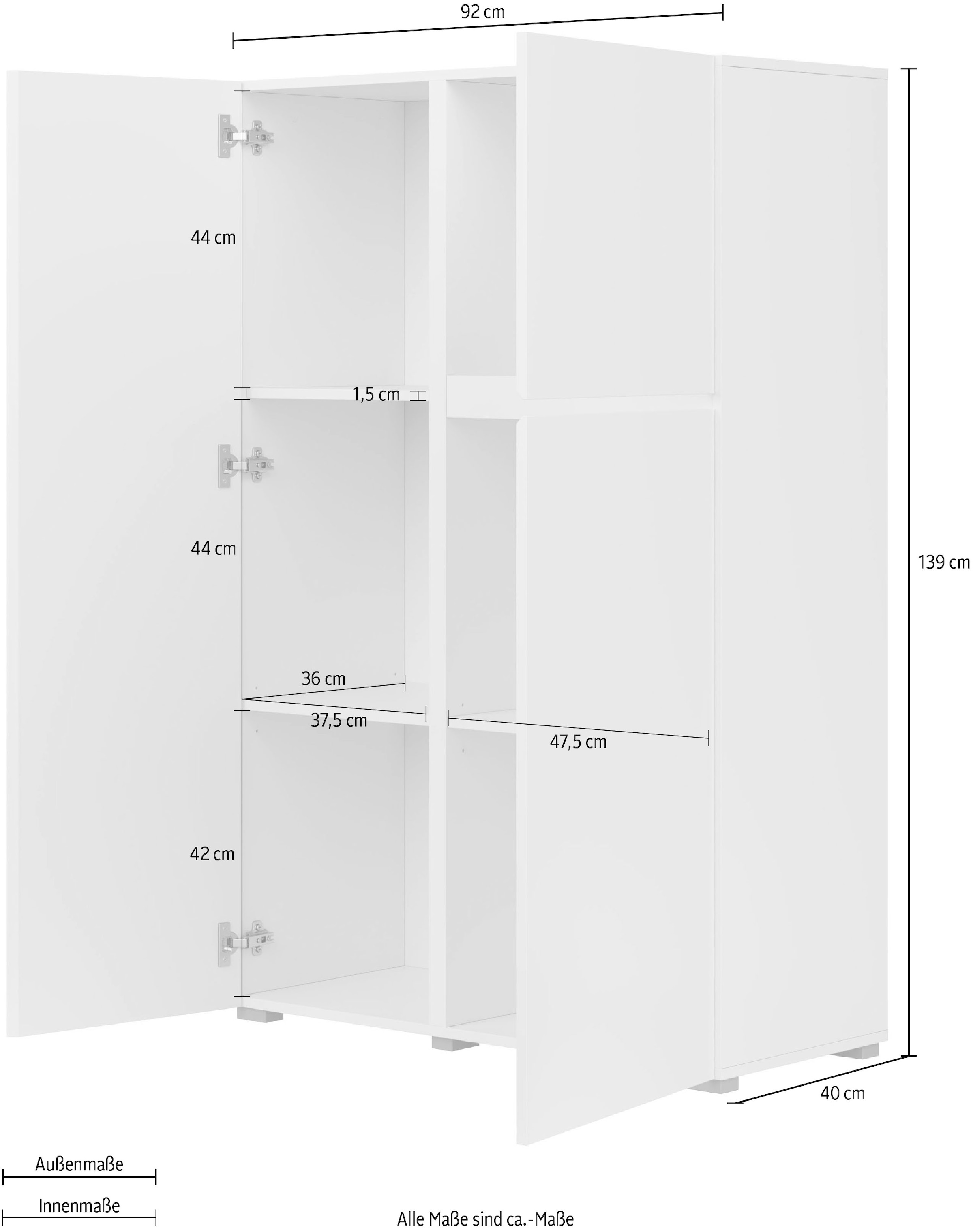 INOSIGN Highboard »Asymetric, Breite 92 cm, moderne grifflose Hochkommode mit 3 Türen«, Hochschrank mit viel Stauraum, Einlegeböden verstellbar, Türkommode