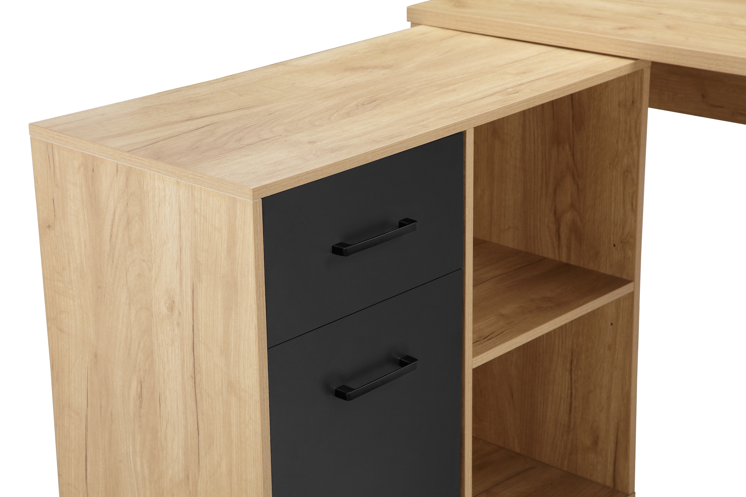 PLACES OF STYLE Eckschreibtisch »Moid, Computertisch, Kabeldurchlass, mit Regalfächern,« Schublade und Tür, flexibles Regalelement, 140x82-115 cm