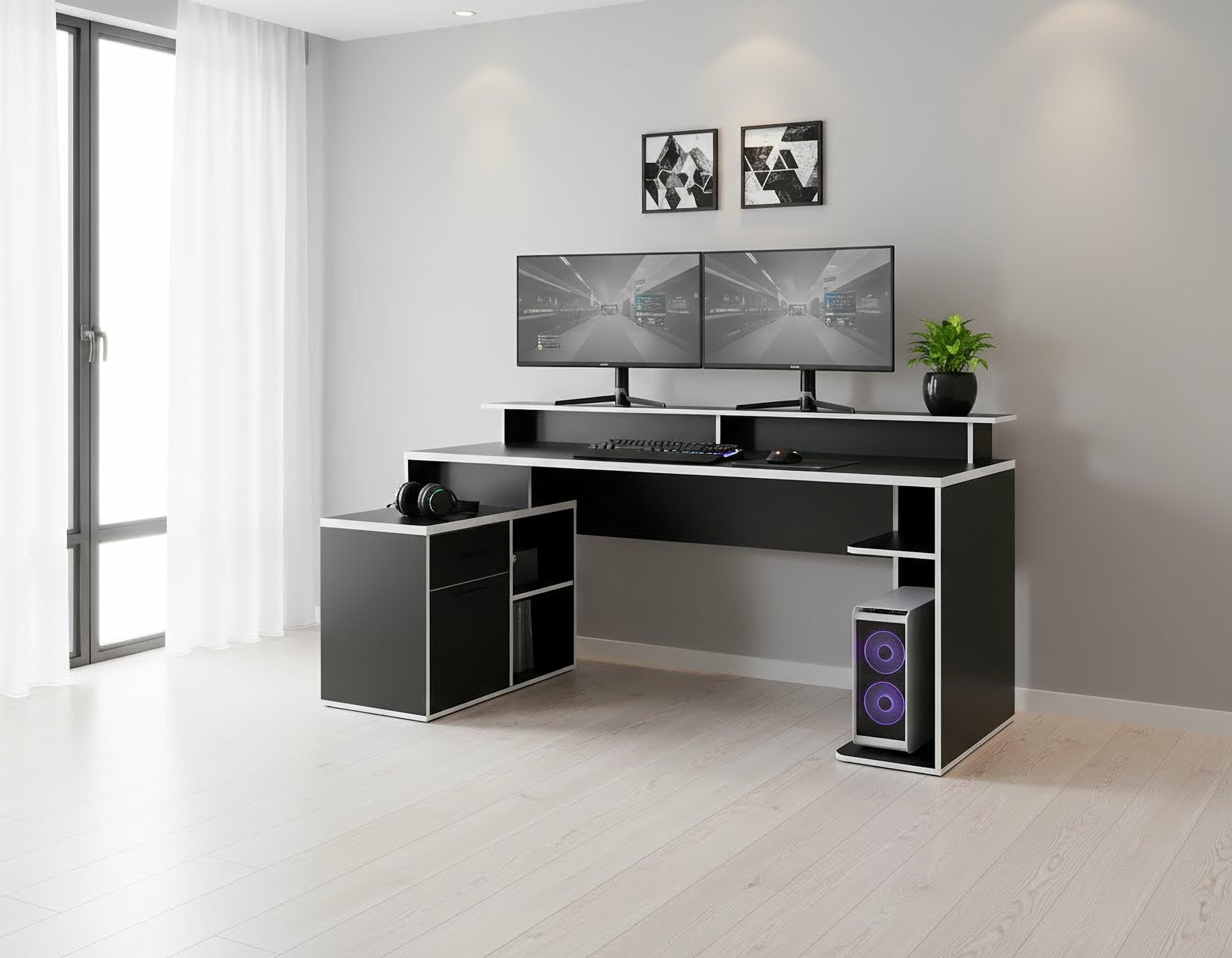 INOSIGN Gamingtisch »Game, Computertisch, Eckschreibtisch« , Towerfach, Kabeldurchlass, Monitoraufsatz, Stauraum, Maße 180x102 cm