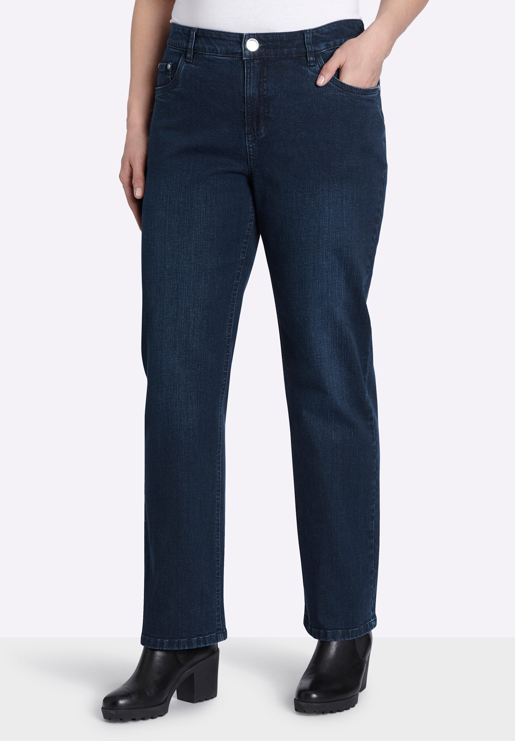 Sheego 5-Pocket-Jeans »Jeans Gerade Jeans mit Deko-Knopf und Riegel am Bund«