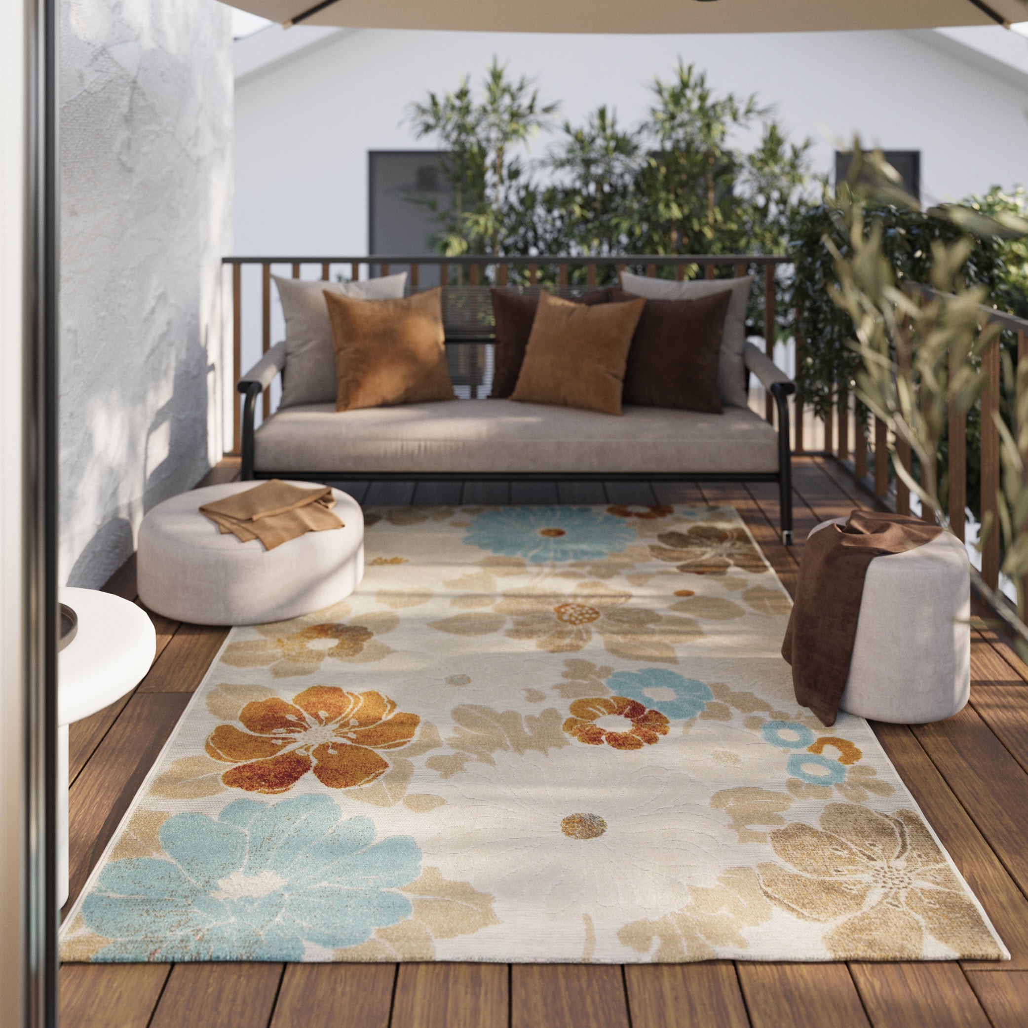 Wecon home Outdoorteppich »Beach Flower«, rund, 5 mm Höhe, für Innen & Außen, strapazierfähig, pflegeleicht, Hoch-Tief Effekt
