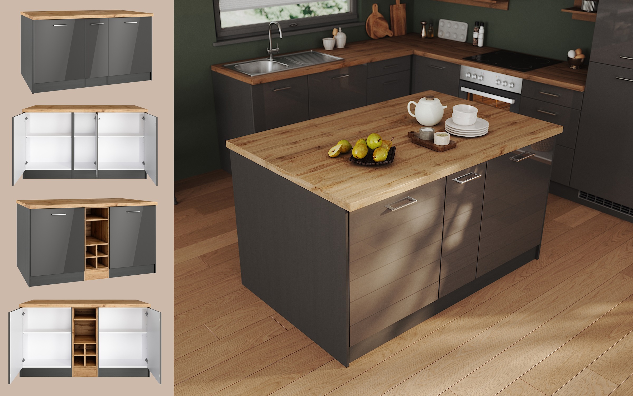 KOCHSTATION Kücheninsel »KS-Milan«, Stellmaß 153/100 cm, viel Stauraum, Lebensmittelpunkt: Küche