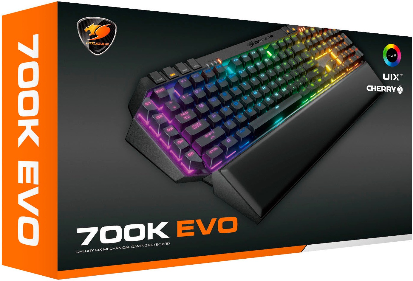 Cougar Gaming-Tastatur »700K EVO Mechanisch«, (Easy-Switch-Fn-Tasten-Handgelenkauflage-Lautstärkeregler-Makro-Tasten-Multimedia-Tasten-USB-Anschluss-Windows-Sperrtaste-Ziffernblock-programmierbare G-Tasten-ergonomische Form), CHERRY RGB MX-Tasten