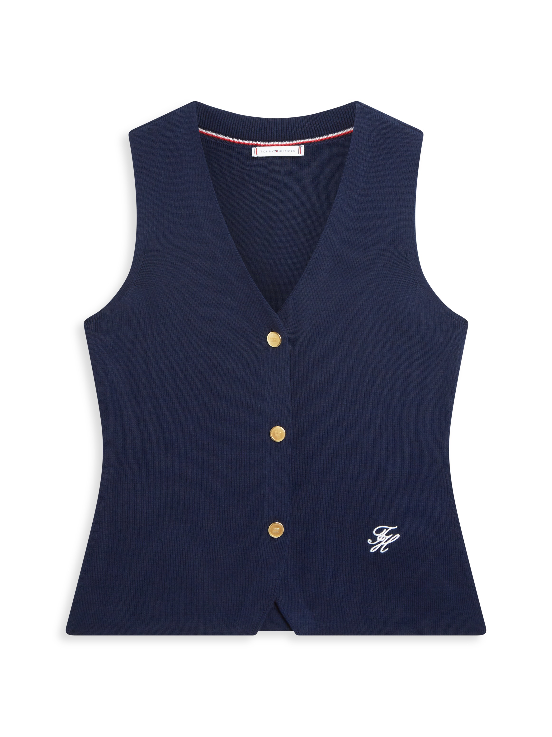Tommy Hilfiger Strickweste »CO FULL NEEDLE SLIM VEST« mit Monogramm-Stickerei, V-Ausschnitt