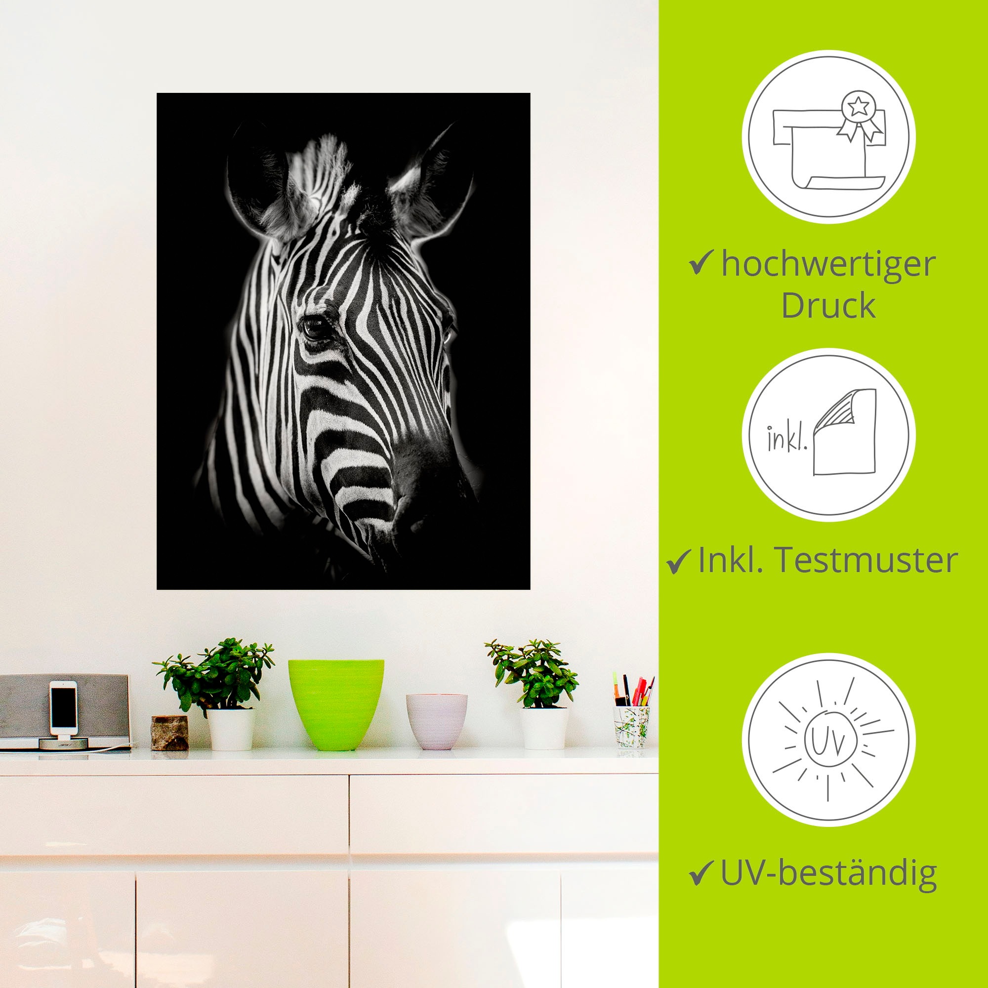 Artland Wandbild »Zebra«, Zebra Bilder, (1 St.), als Alubild, Outdoorbild, Leinwandbild, Poster, Wandaufkleber