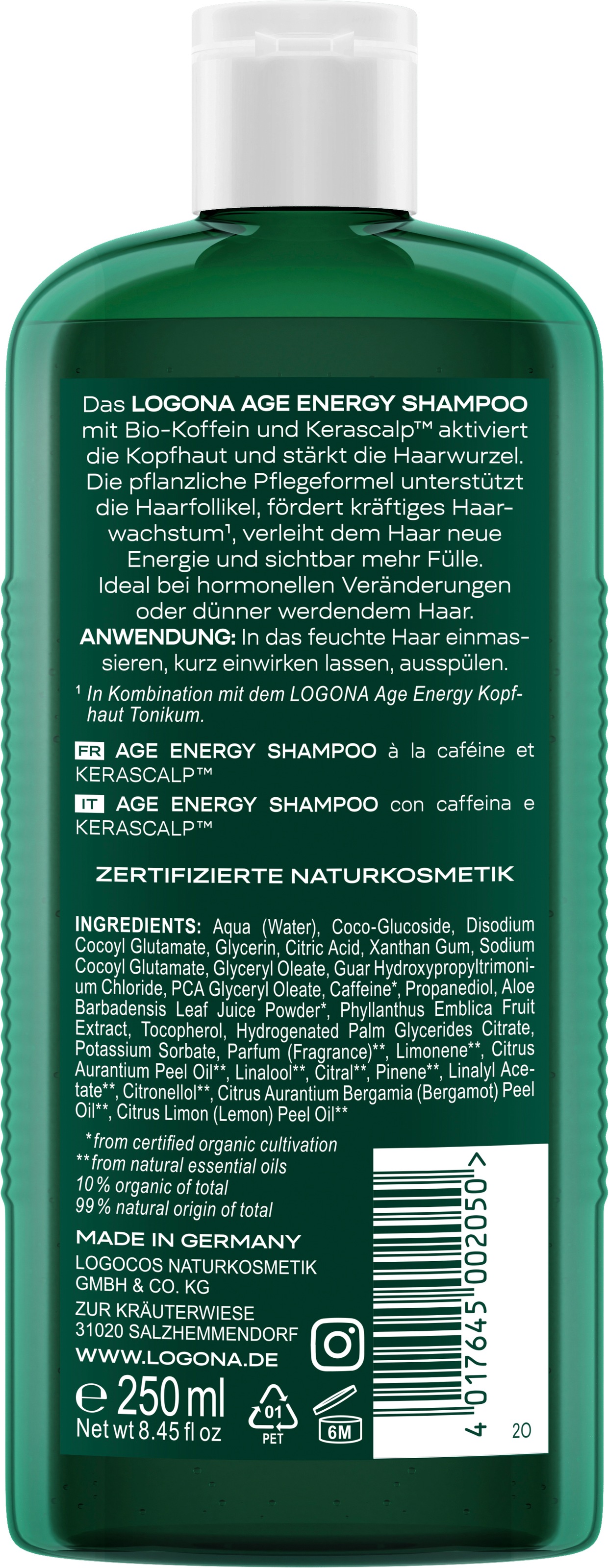 LOGONA Haarshampoo »AGE ENERGY SHAMPOO« für alle Haartypen, vegane Formel, mit pflanzenbasierter Pflegebasis