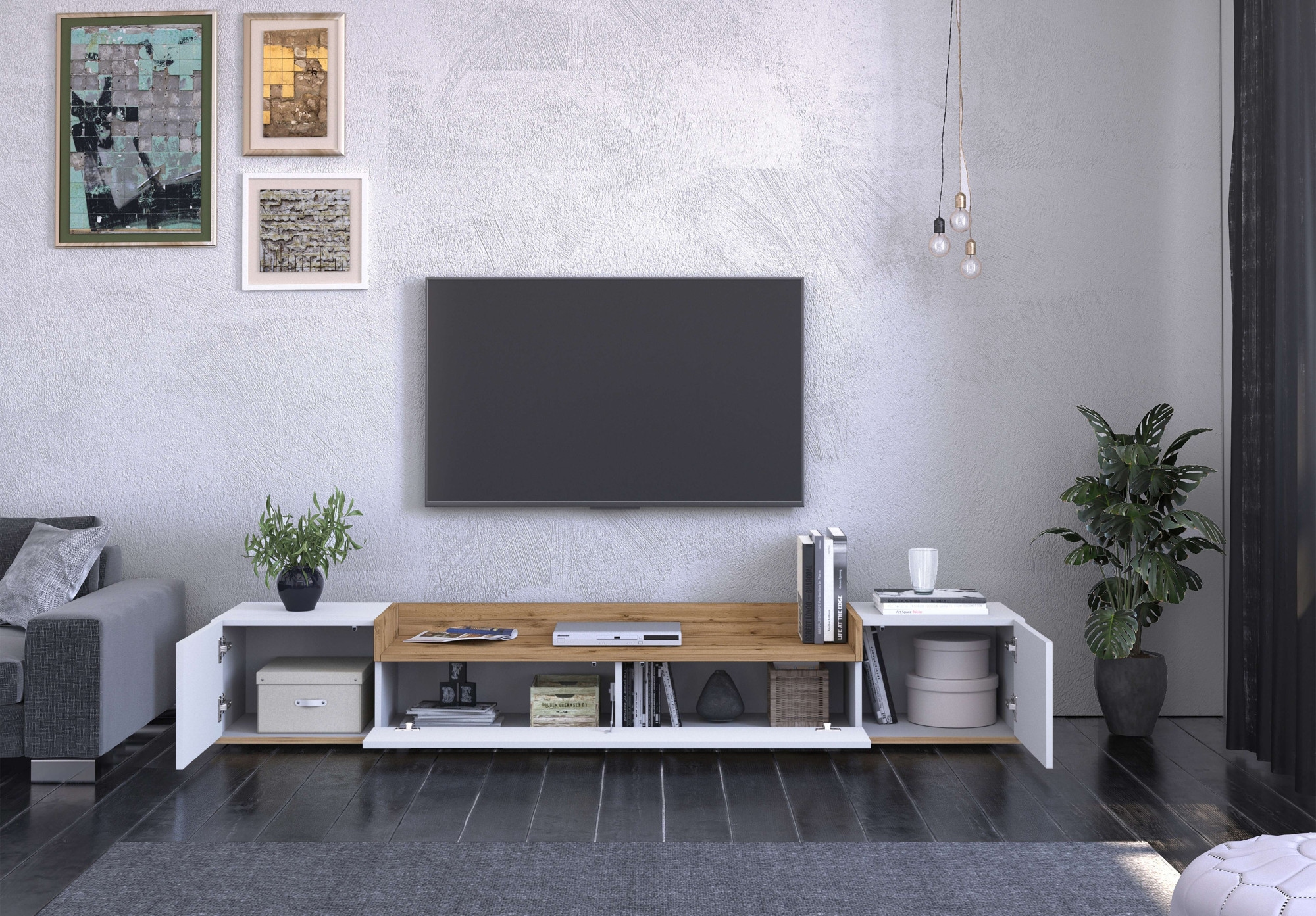 OTTO home Lowboard »BOLSENA,TV-Kommode, TV-Möbel,TV-Bank, 4 Fächer und offenes Ablagefach« 1 Stk. tlg. Breite 200 cm,stehend/hängend,Fronten Hochglanz lackiert,Made in Italy