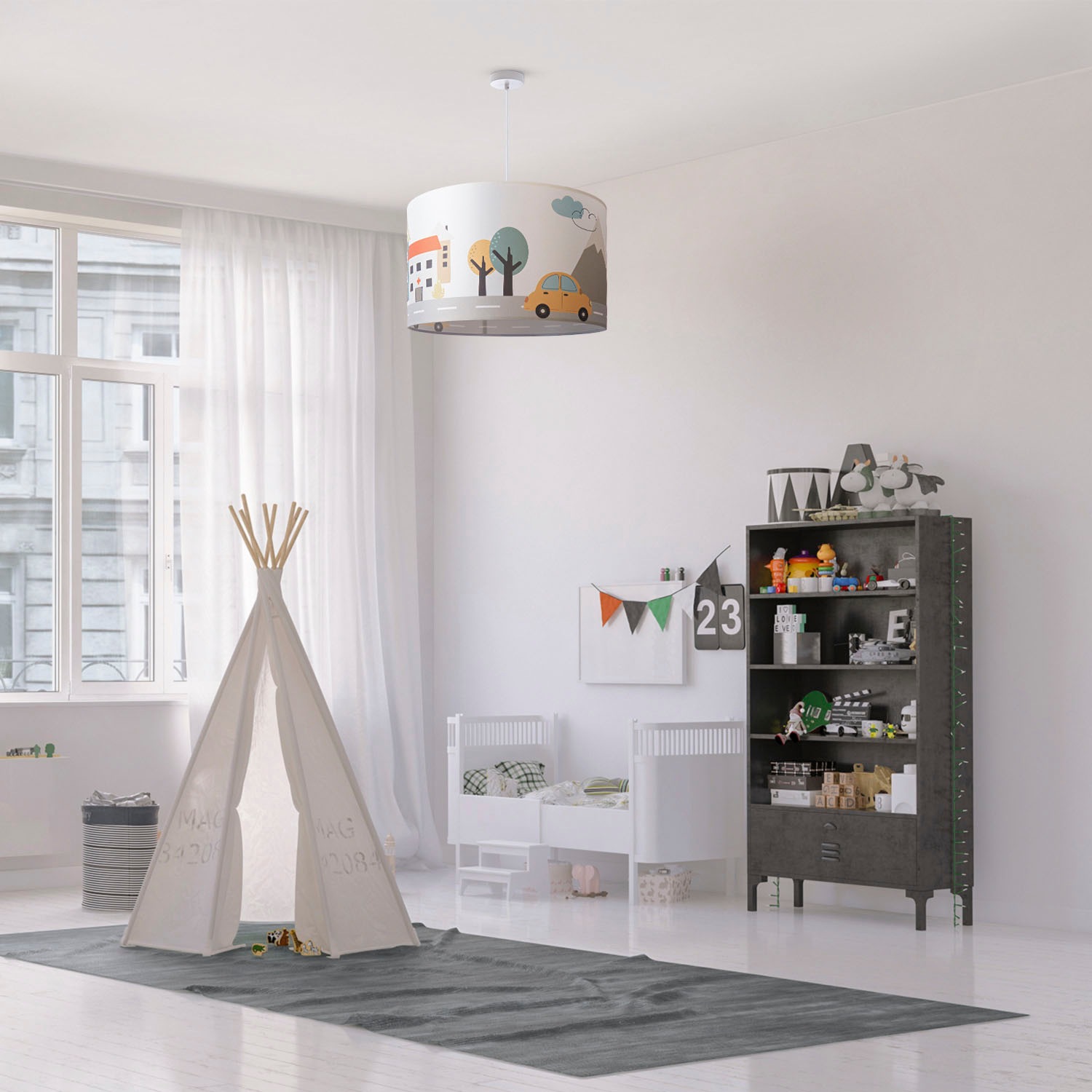 Paco Home Pendelleuchte »Hugo Cabri«, Leuchtmittel E27 | ohne Leuchtmittel, Pendellampe Kinderzimmer n Decke Stoff Lampenschirm Feuerwehr Polizei