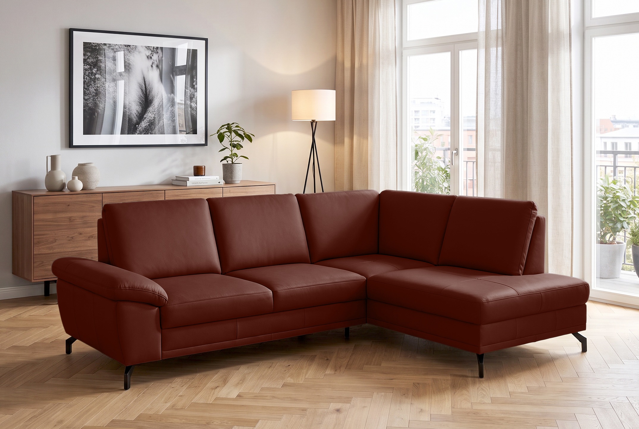 sit&more Ecksofa »Chelsea L-Form, B: 249 cm, Armteil- & Sitztiefenverstellung, Leder« Couch optional mit Schlaffunktion und Bettkasten, Sitzhöhe 45 cm