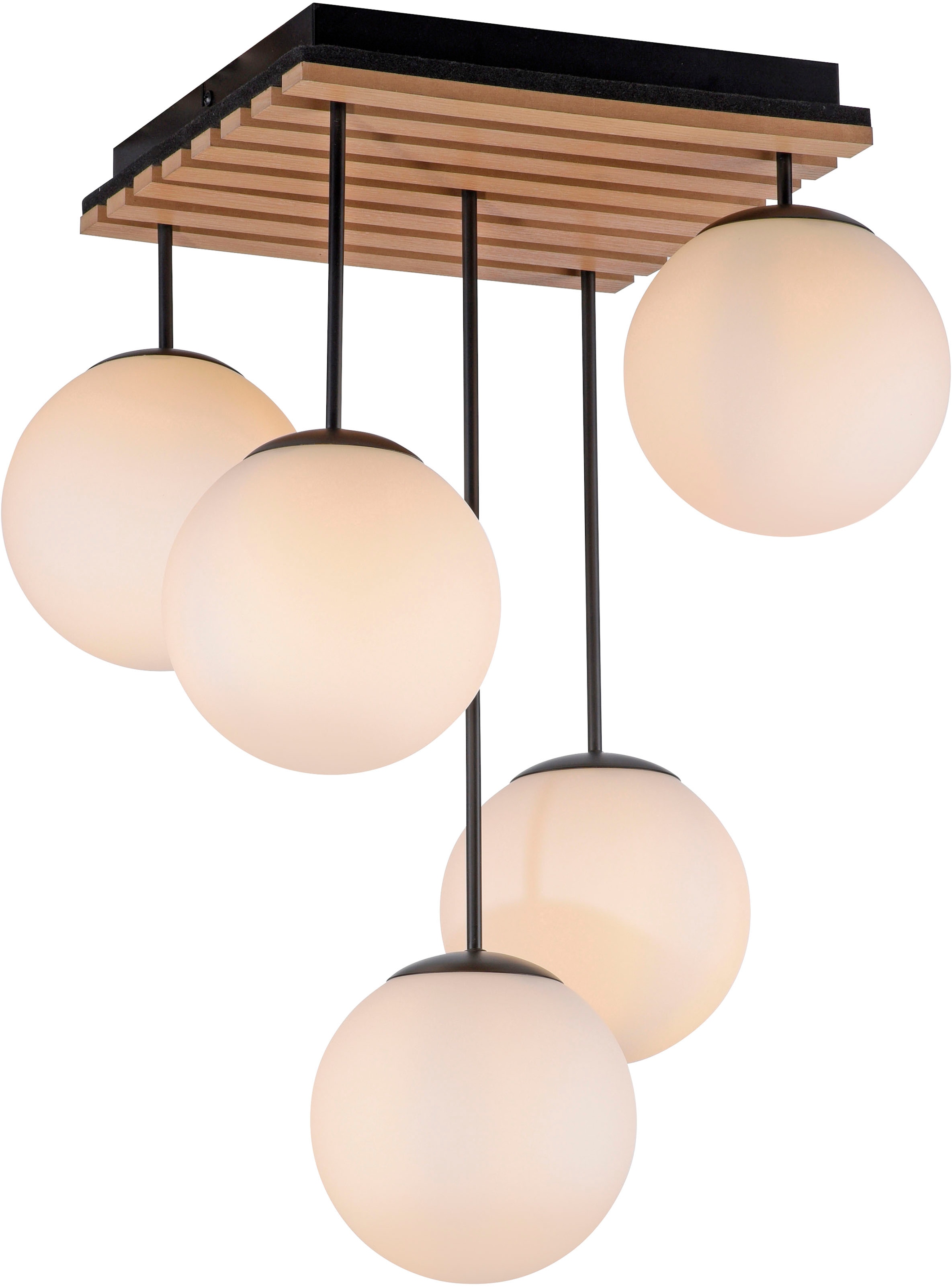 my home Deckenleuchte »Erinette Akustikpaneele mit Glaskugeln«, 5 flammig, Leuchtmittel E14 | ohne Leuchtmittel-Leuchtmittel wechselbar, Holz, Akustik, Paneele, Glas, Deckenlampe E14