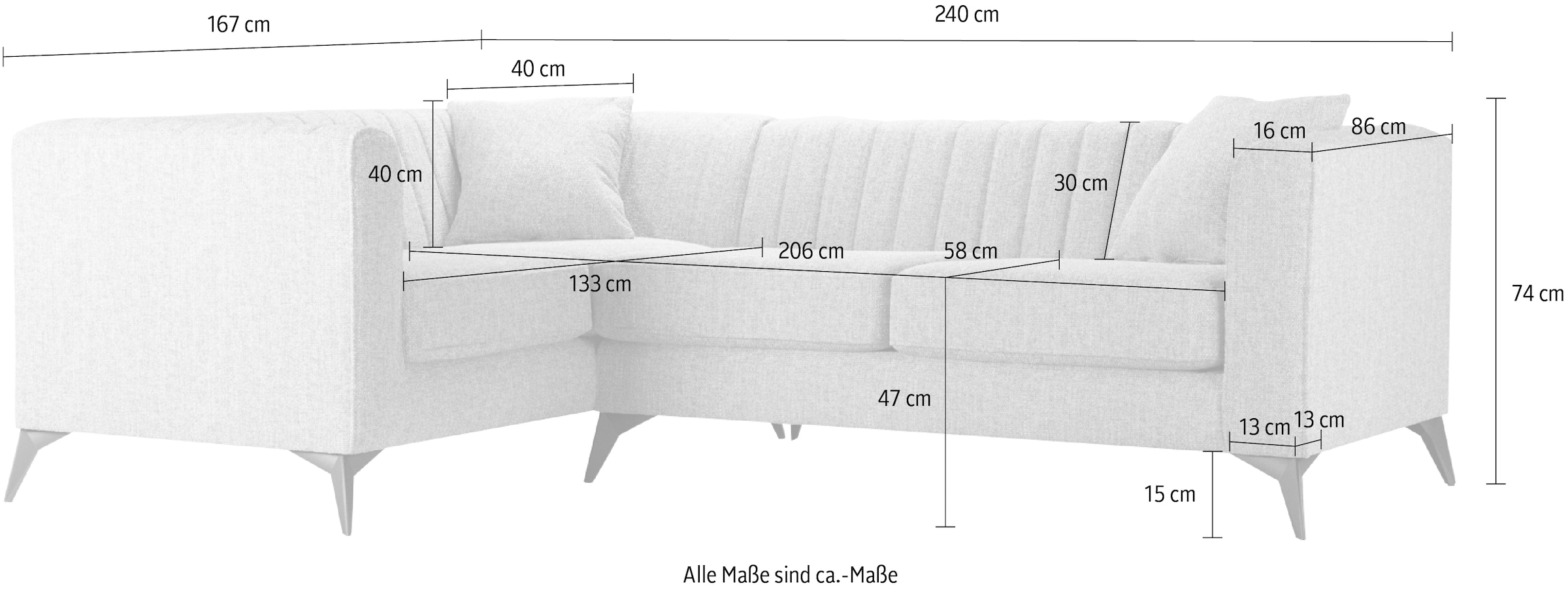 Places of Style Ecksofa »MATTHEW L-Form ideal für kleine Räume, Maße B/T/H: 240/167/74 cm«, elegantes Designsofa, Steppung im Rücken, incl. Zierkissen