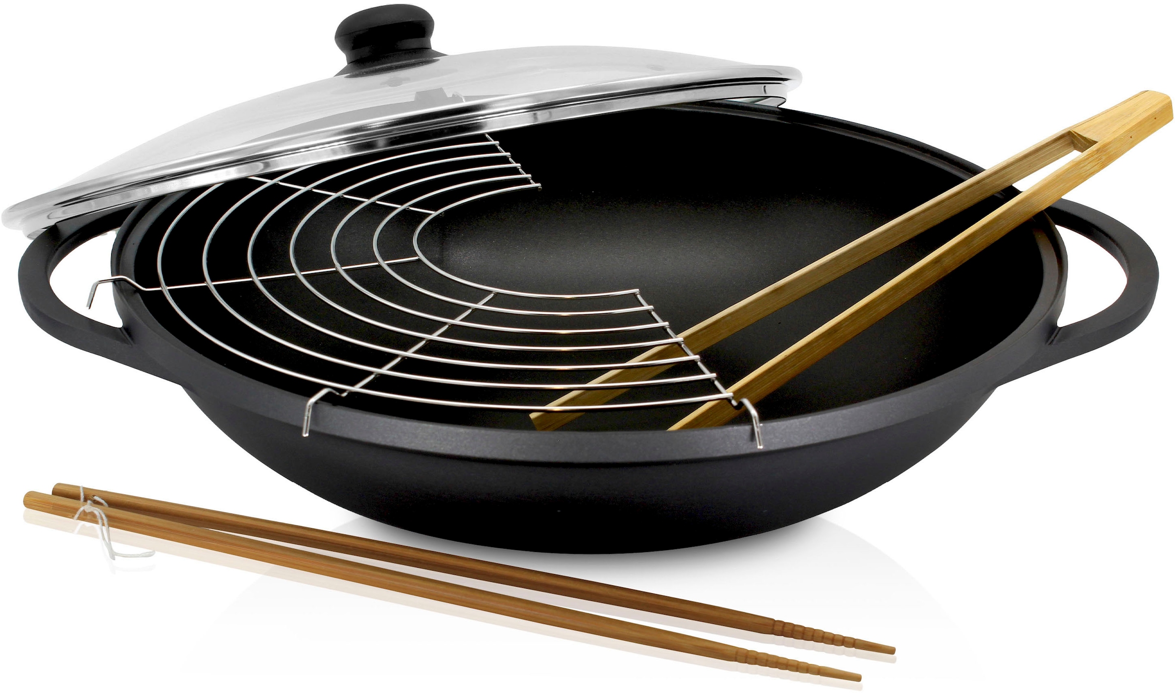 Krüger Wok »Aluguss Wok mit Glasdeckel LEIPZIG, 36 cm«, Aluminiumguss, (1 tlg.), hochwertige Antihaft-Versiegelung