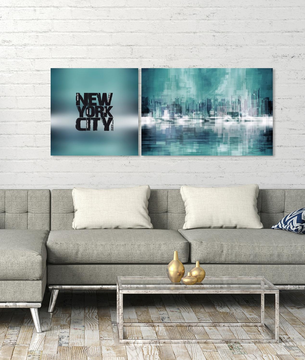 queence Leinwandbild »New York City«, Abstrakte-Kunst-Modern-Spa-Spa Bilder-Sprüche-Sprüche & Texte-Schriftzug-Schriftzüge-New York, (Set), Premium-Leinwandstoff, Handarbeit aus Deutschland, Spruch, 2er Set