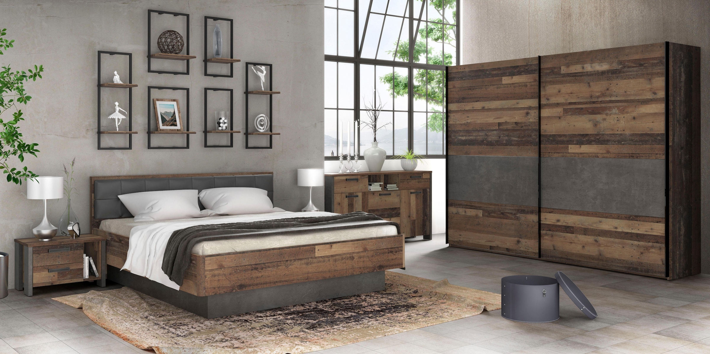 FORTE Futonbett »Clif, Bettanlage, Old – Wood Vintage, Betonoptik Dunkelgrau«, (Liegefläche 180x200cm), mit gepolstertem Kopfteil aus Kunstleder, bis 220KG belastbar