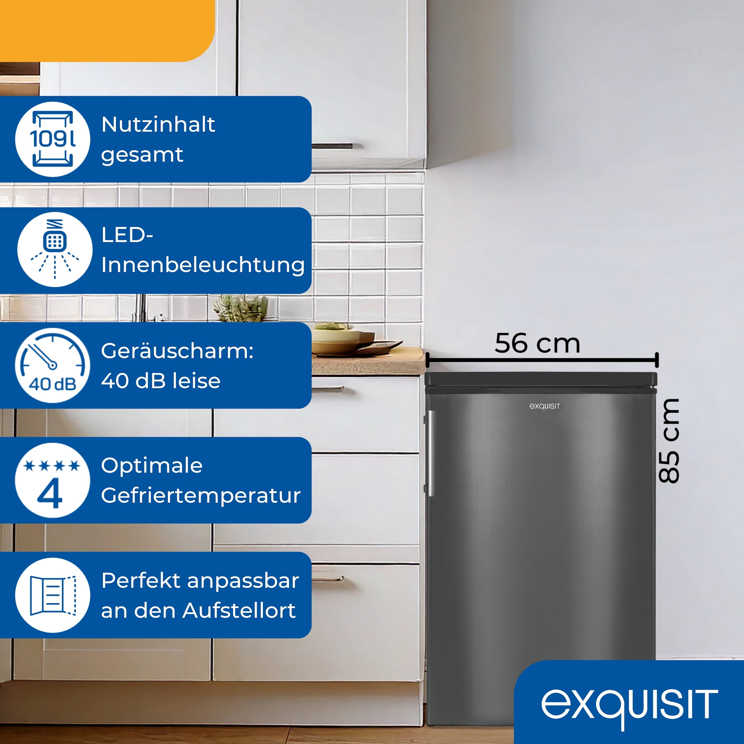 exquisit Kühlschrank »KS16-4-HE-040E inoxlook-az« 85 cm hoch 56 cm breit Kompakt & flexibel – ideal für Küche, Büro & Ferienwohnung