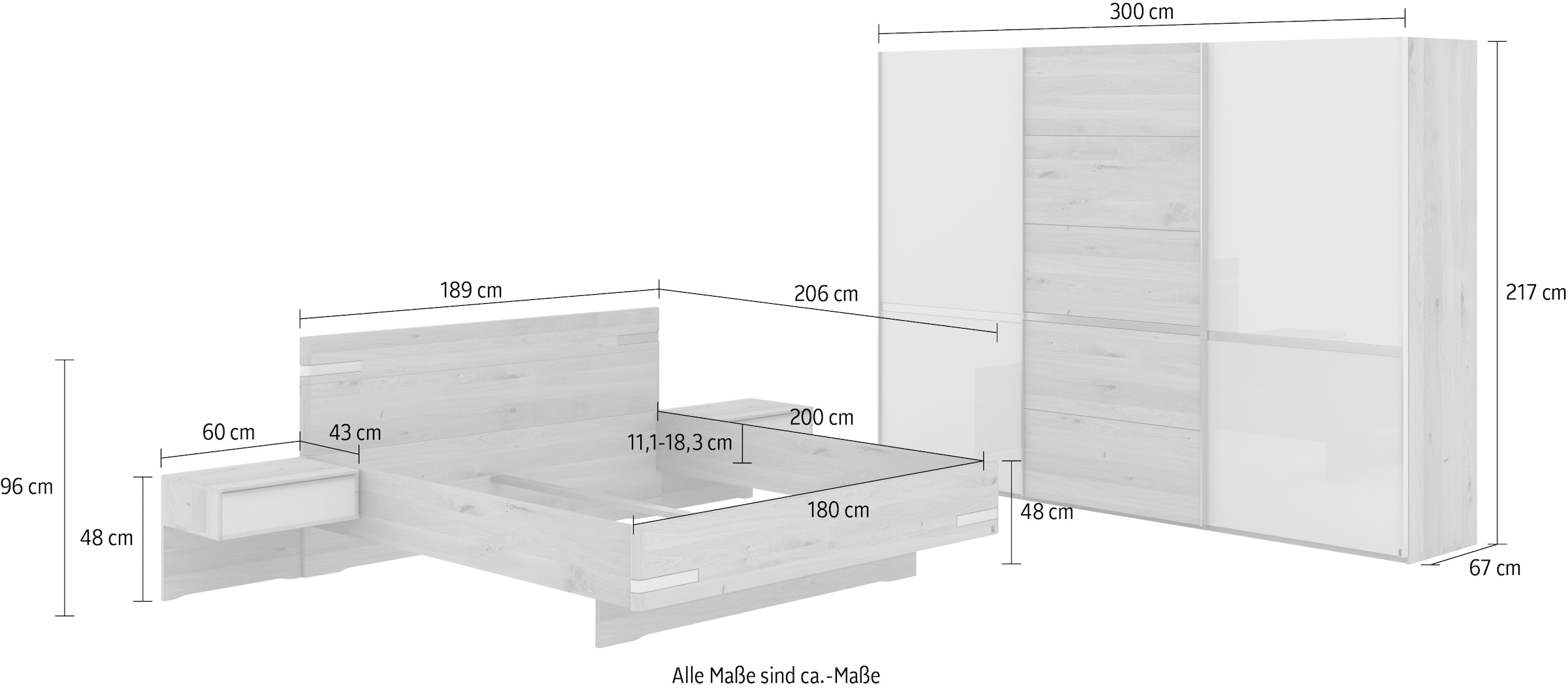Musterring Schlafzimmer-Set »Savona, Kleiderschrank, Bett & Nachtkommoden, teilmassiv Bianco-Eiche«, (2er-Set Nachtschränke, Schwebetürenschrank, Bett 180x200 cm), Eiche- und Glastüren, Kopfteil Eiche, Konsolen Glasfront, Höhe 217cm