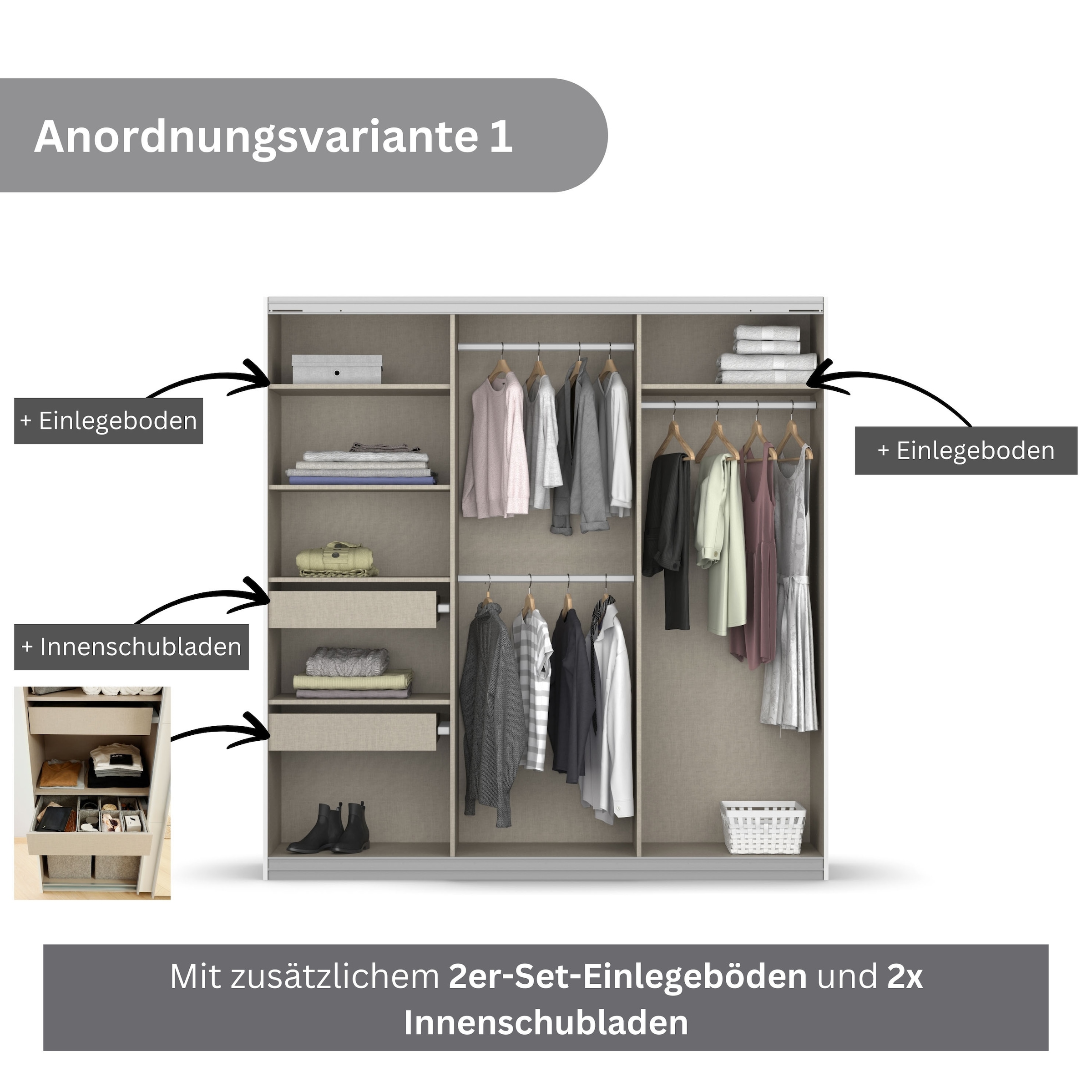rauch Schwebetürenschrank »Kleiderschrank Schrank Garderobe BESTSELLER KOLUNA mit Spiegel«, inkl. 2 Innenschubladen sowie extra Einlegeböden MADE IN GERMANY