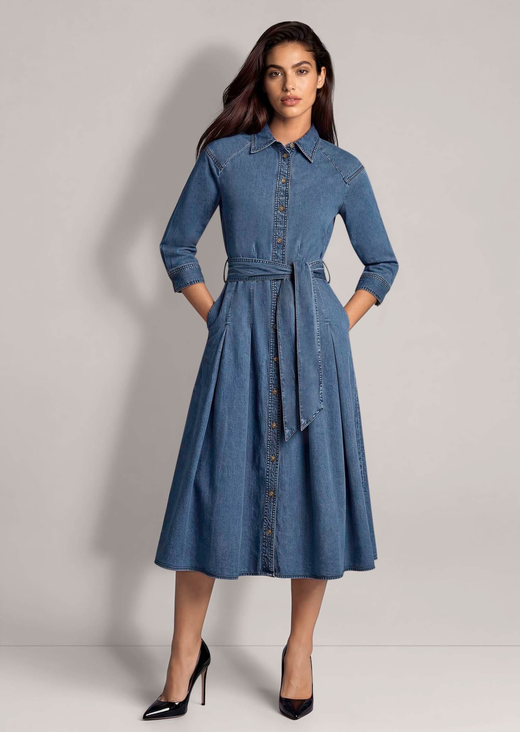 MADELEINE Midikleid »Kleid Jeanskleid mit Kellerfalten« Nahttasche