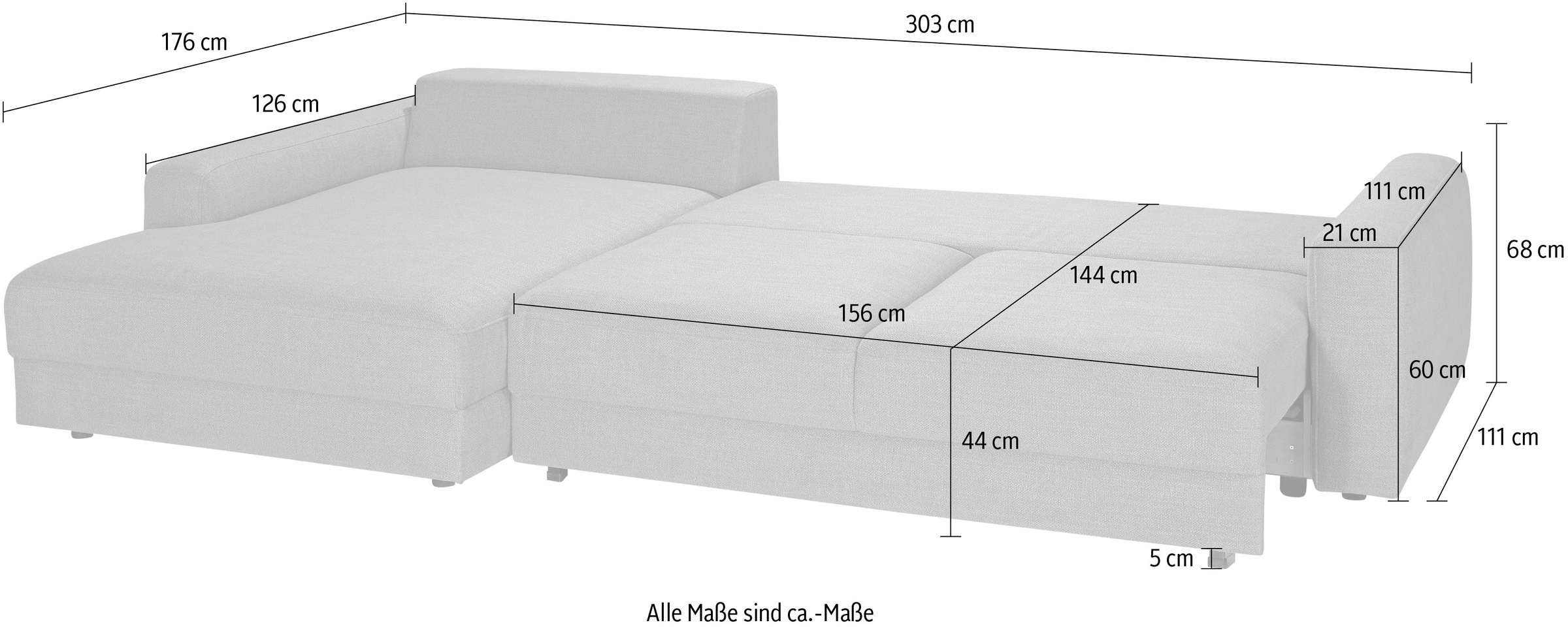 cm kaufen Bettkasten, »Bourbon«, und Bettfunktion Sitzfläche mit online Ecksofa 54 TRENDMANUFAKTUR wahlweise Tiefe