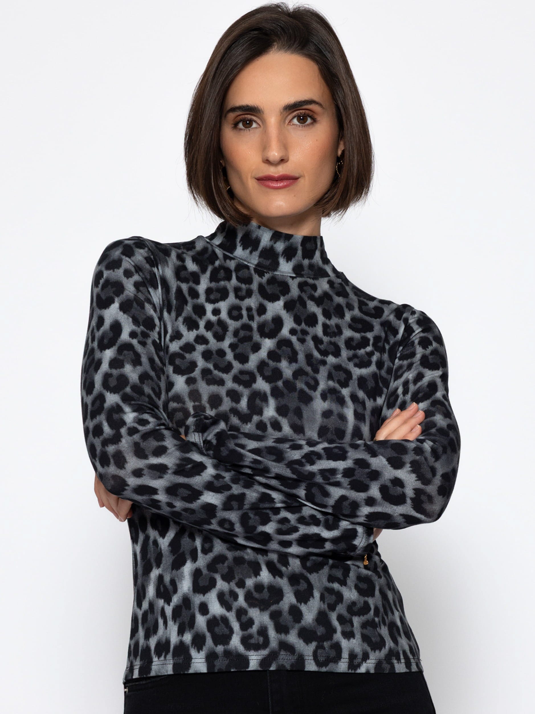 SASSYCLASSY Langarmshirt »Langarmshirt im Leo-Print« Figurbetontes Baumwollshirt mit schmalem Stehkragen Braun Grau
