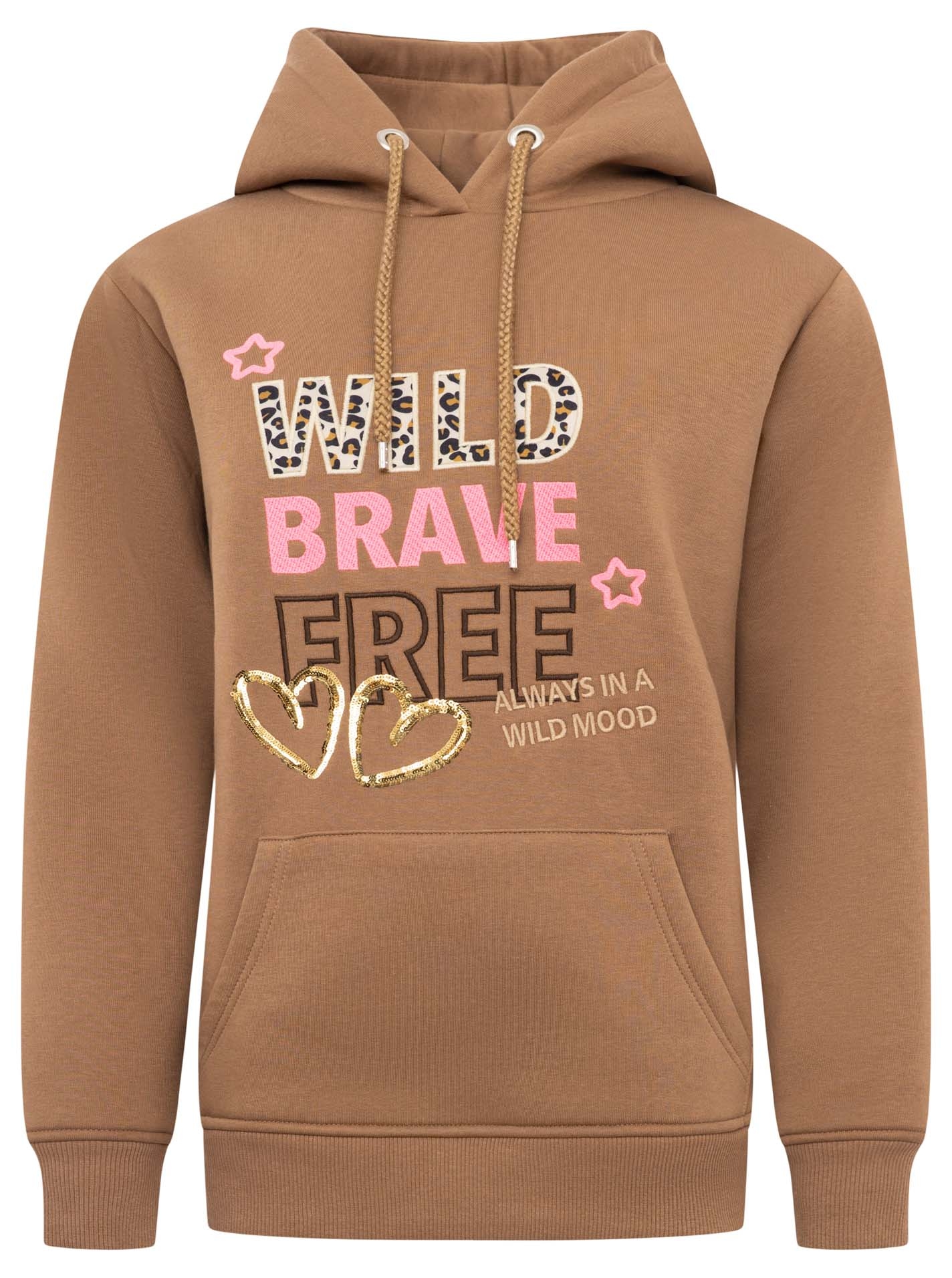 Zwillingsherz Hoodie »"Wild Brave Free"«, gestickter Schriftzug, mit Pailletten, Leomuster, Fronttasche, Kapuze
