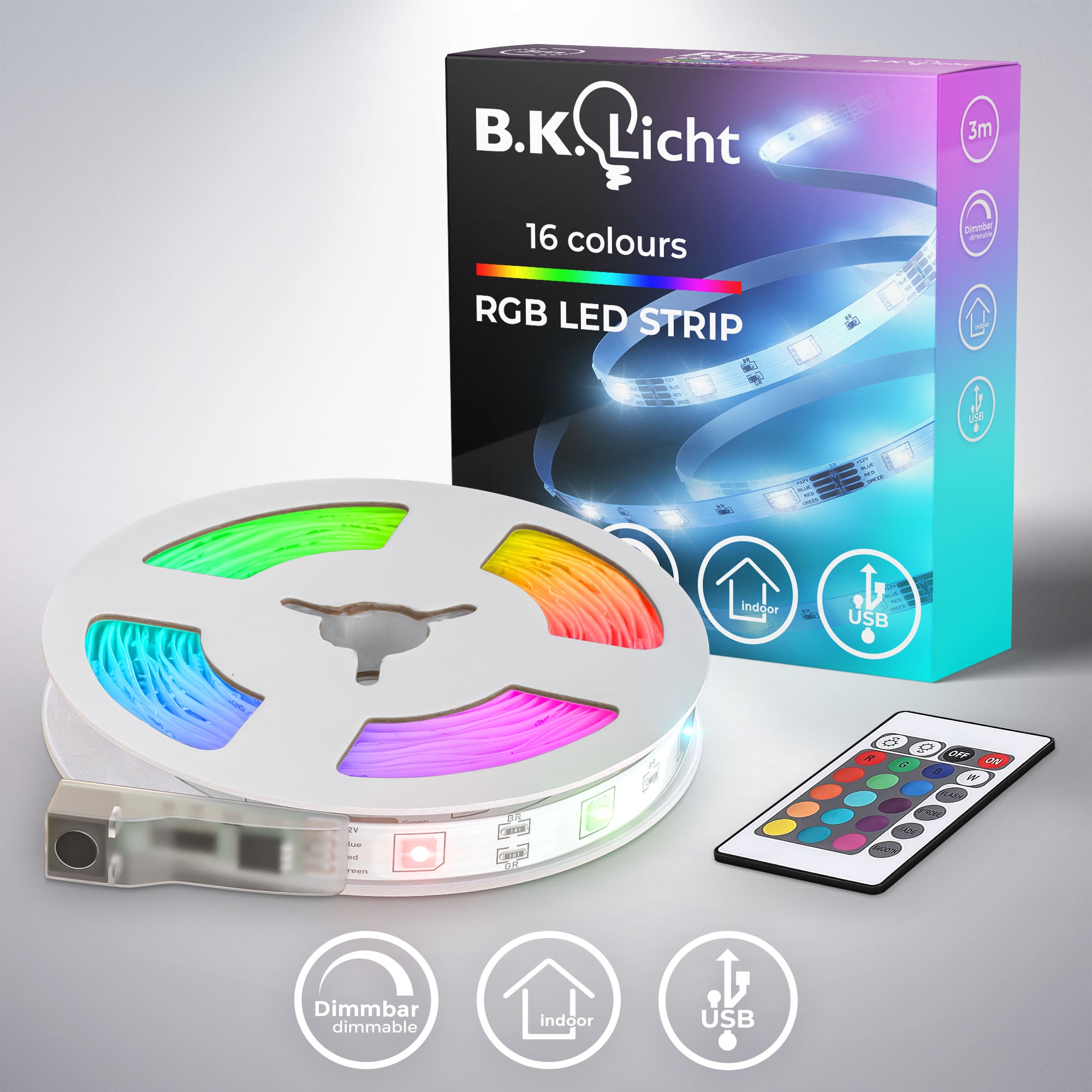 B.K.Licht LED Stripe »USB LED Strip, 3 m, mit Farbwechsel«, 90 St.-flammig, Lichtleiste, mit Fernbedienung, selbstklebend