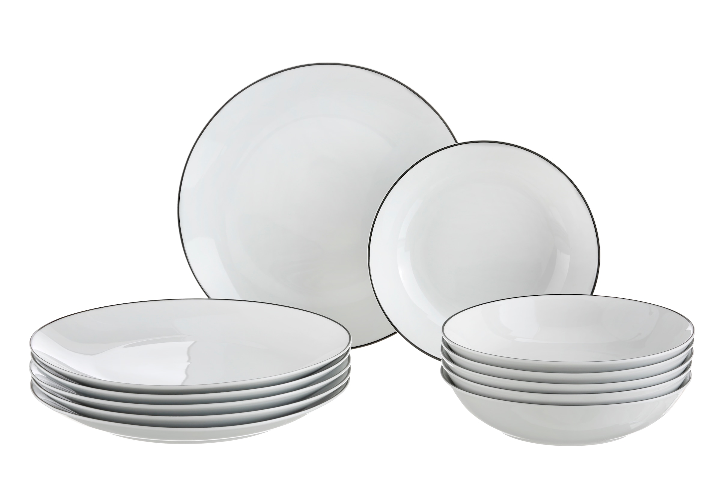 Leonique Tafelservice »Madeline«, (Set, 12 tlg., je 6 Speiseller, Suppenteller), Geschirr, trendige Coupeform, handgemalte, schwarzes Liniendekor