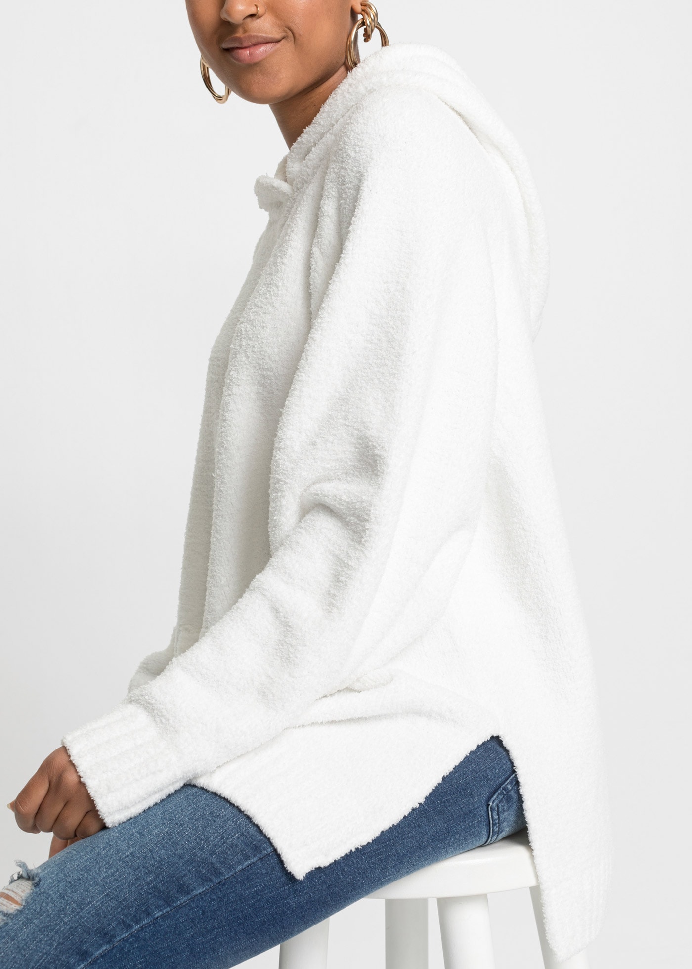 bonprix Strickpullover aus Polyester, mit Kapuze, mit Teddy-Fleece, Oversize Passform