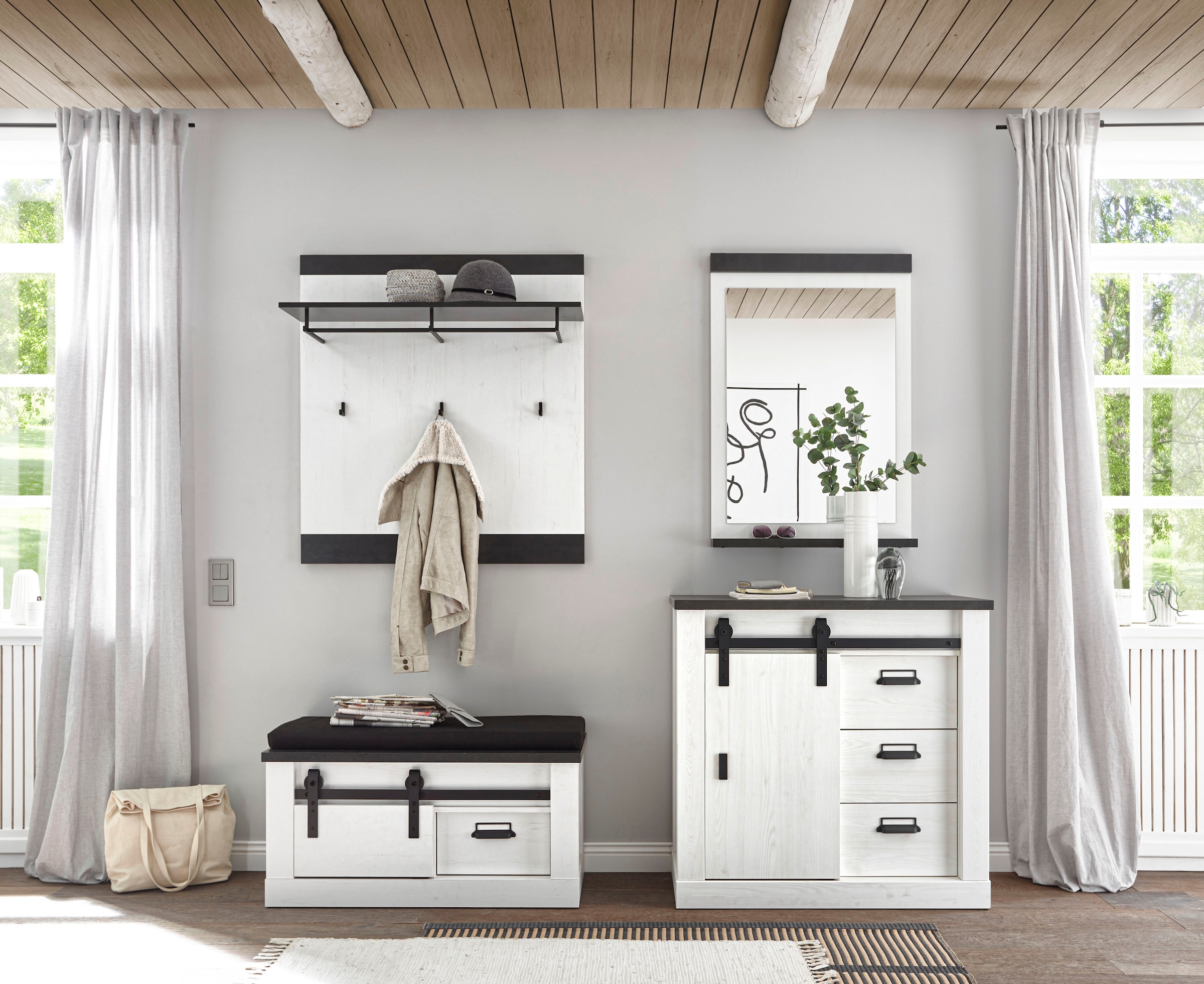 Home affaire Garderoben-Set »SHERWOOD«, (4 St.), mit Scheunentorbeschlag, Apothekergriffe aus Metall