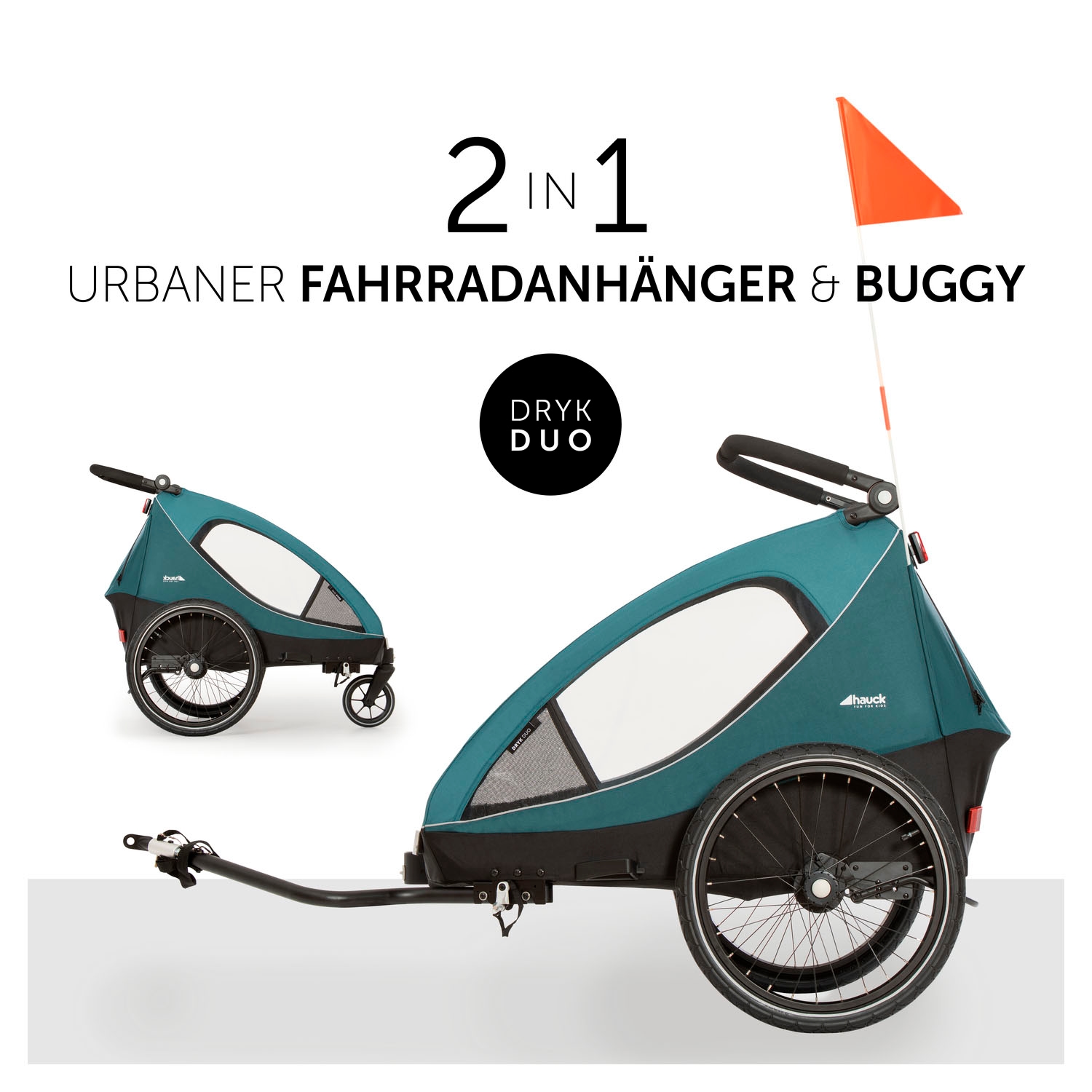 Hauck Fahrradkinderanhänger »Dryk Duo, Ocean Green«, für 2 Kinder; inkl. Buggy-Rad