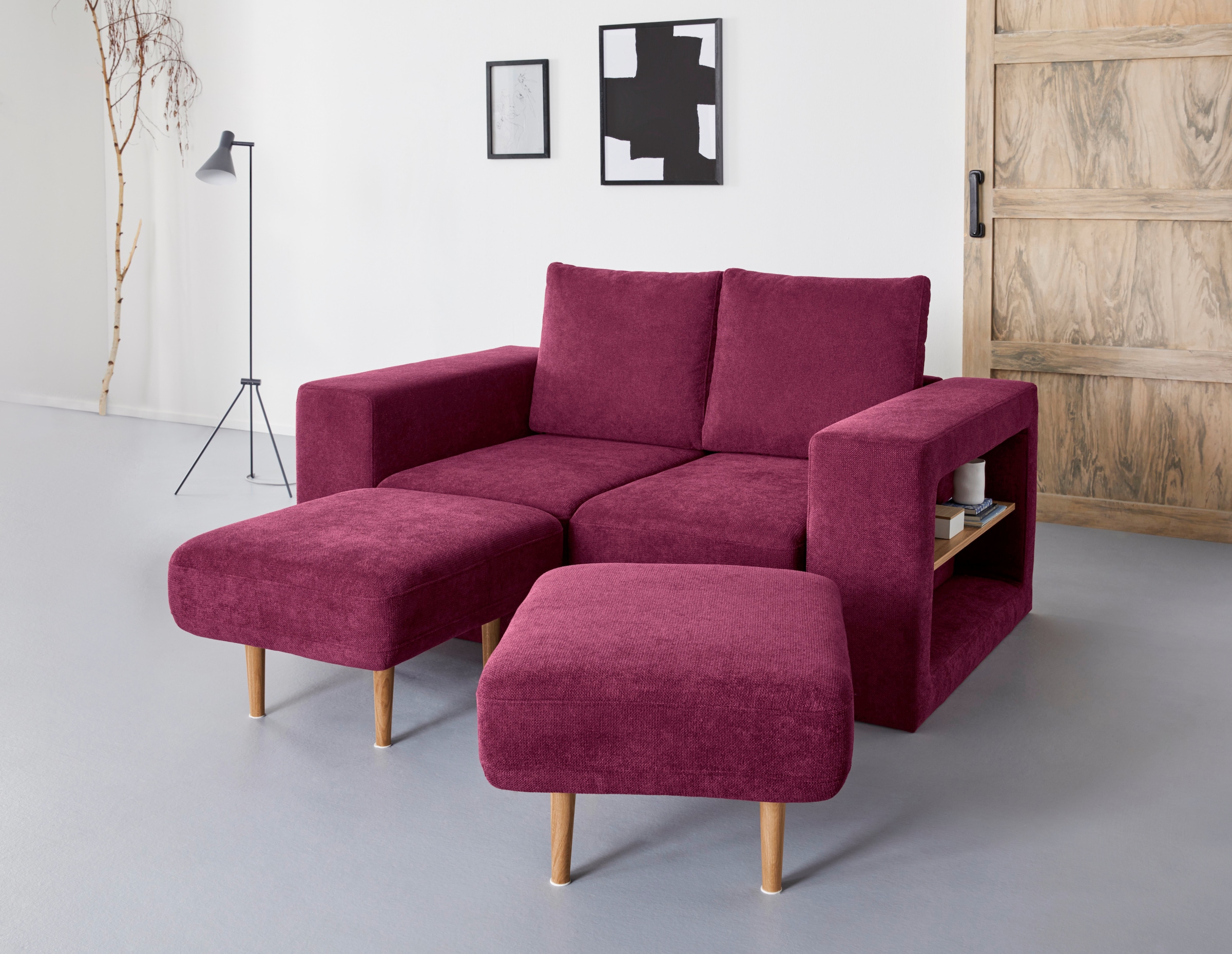 2-Sitzer »Looksvb«, Verwandlungssofa: aus Sofa wird Sofa mit 2 Hockern, mit Regalfunktion