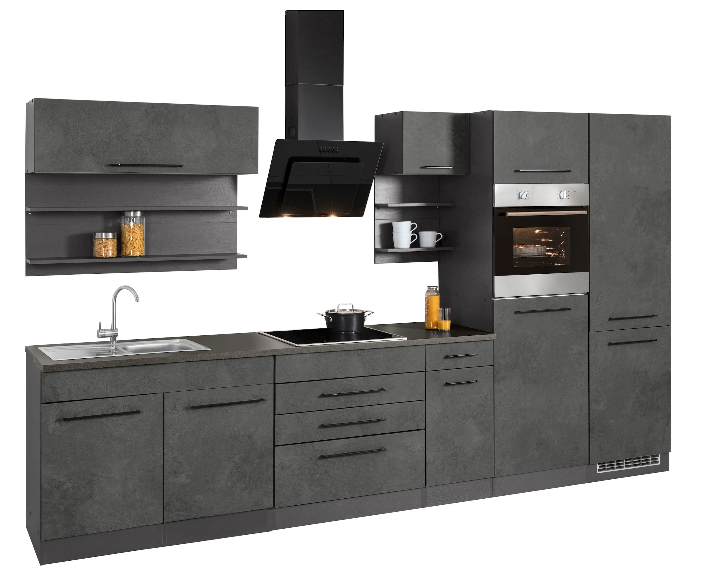 KOCHSTATION Küchenzeile »KS-Tulsa«, ohne E-Geräte, Breite 350 cm, schwarze Metallgriffe, MDF Fronten