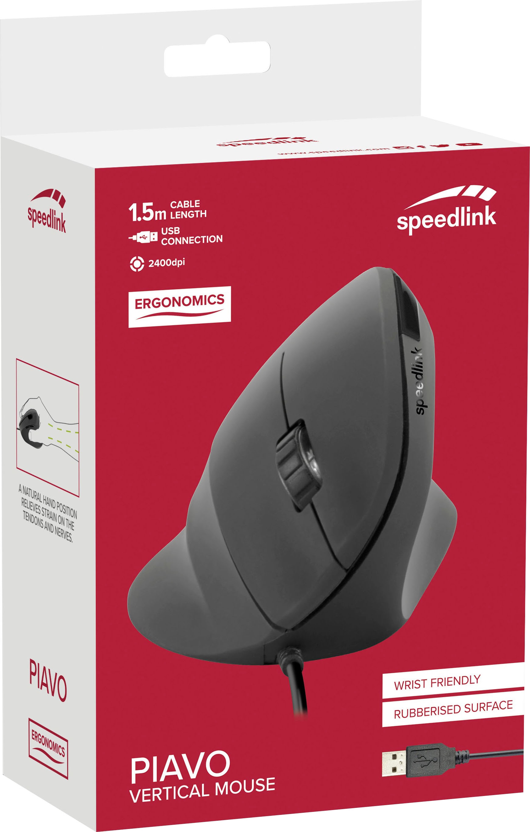 Speedlink ergonomische Maus »PIAVO Ergonomische vertikale Maus«, kabelgebunden USB, einstellbar bis 2400 dpi, 5 Tasten