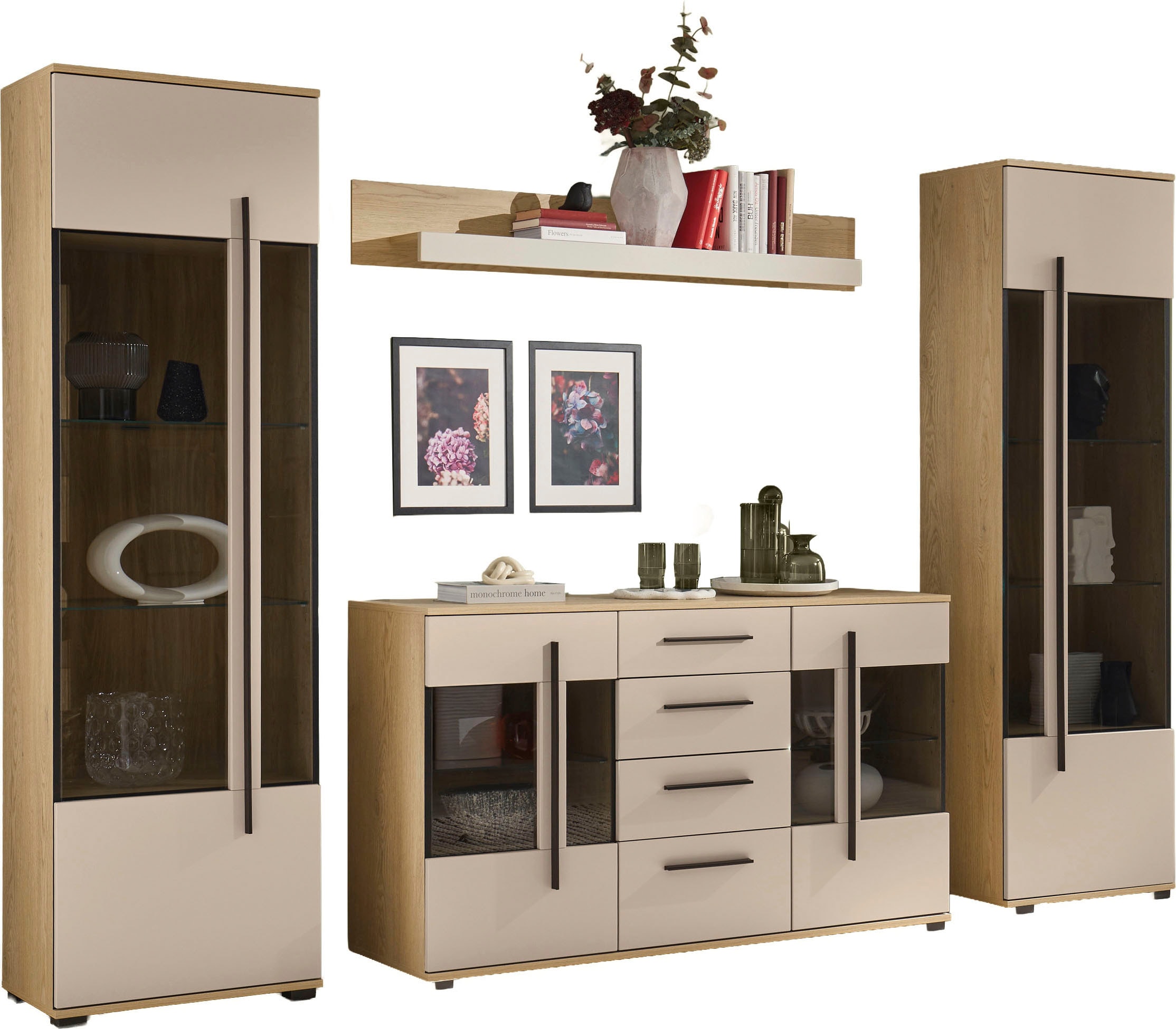 Home affaire Wohnwand »Cantara, Anbauwand, Wohnzimmer-Set, in Eiche Evoke, Weiß oder Kaschmir« Set, 4 Stk. tlg.