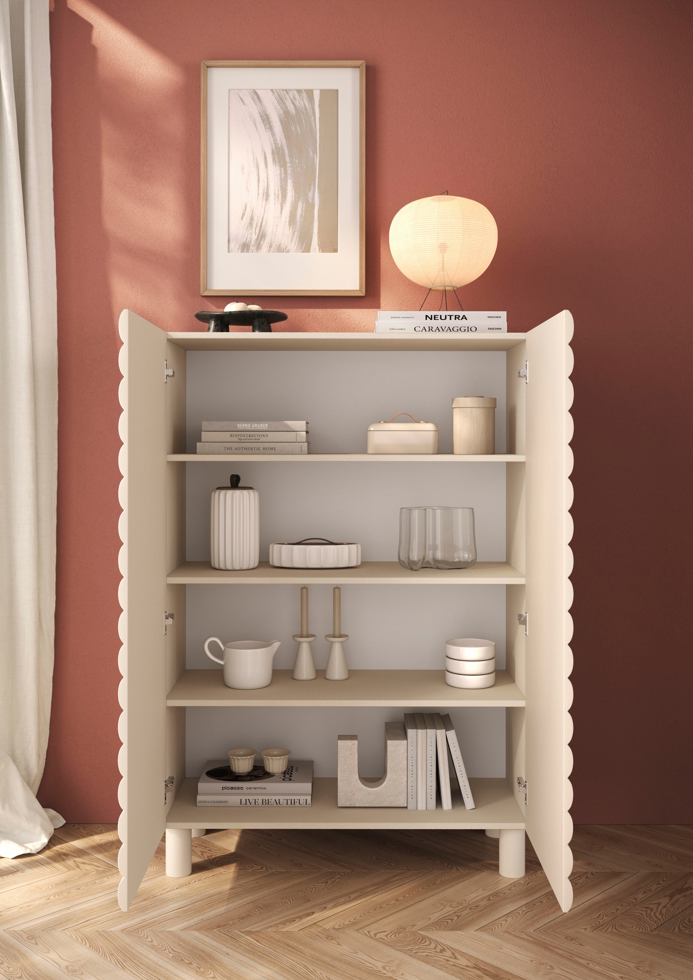 OTTO home Highboard »Adria, B/H 101/147 cm, 2 Türen, Hochkommode, Stauraumschrank« Korpus Talco Spatolato, MDF-Fronten in 3D-Design, viel Stauraum