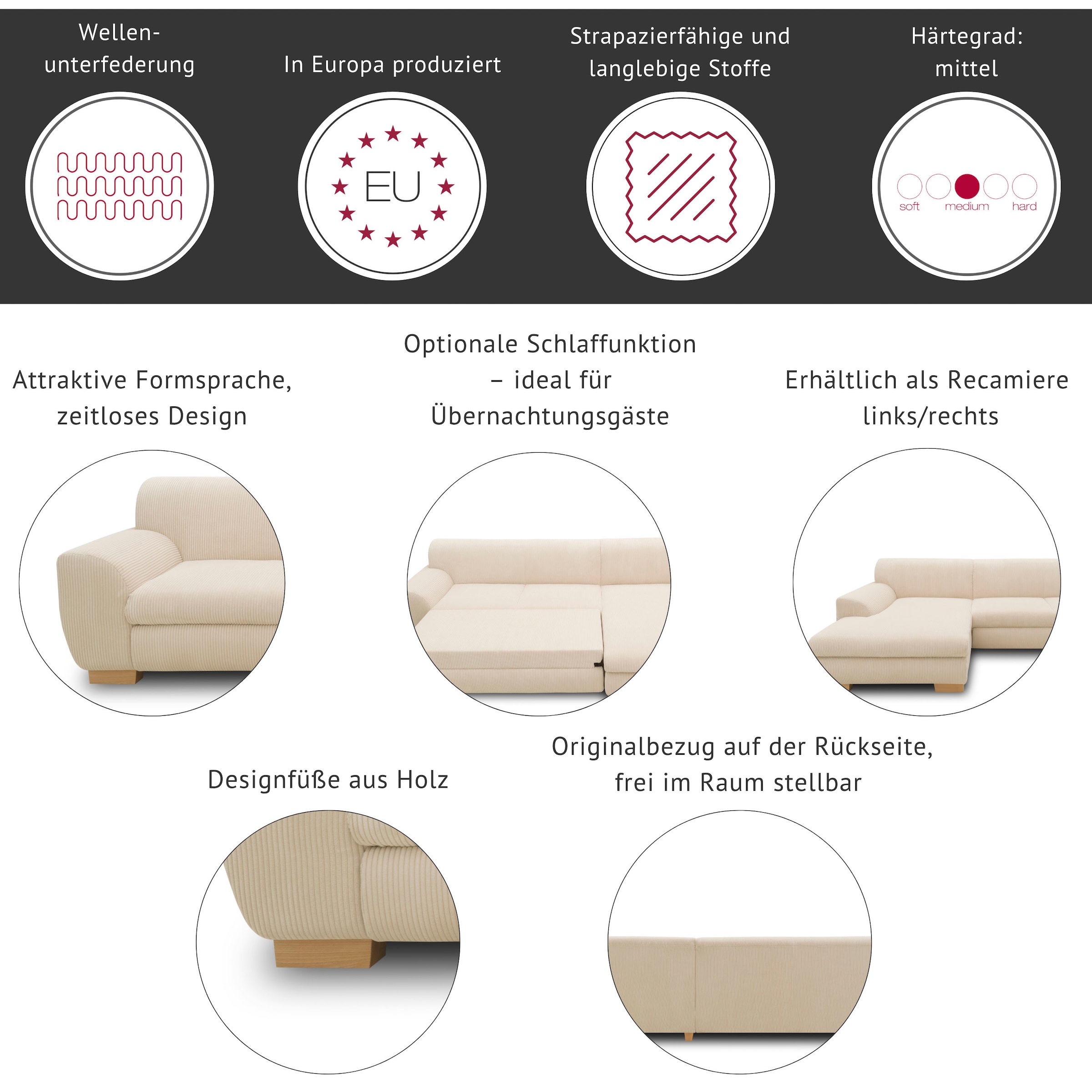 Home affaire Wohnlandschaft »Nika zeitlos und elegant, viel Platz, U-Form« Wohnlandschaft, MELROSE®/Struktur oder Struktur fein