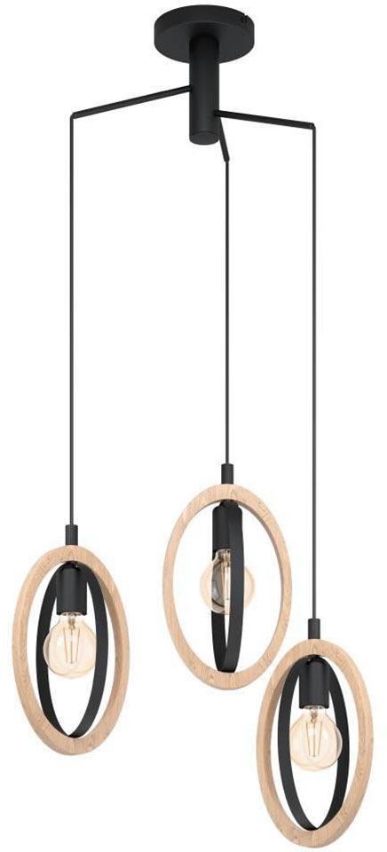 EGLO Hängeleuchte »BASILDON Pendellampe, E27, Stahl, Holz, Vintage, Esstischlampe, Lampe«, 3 flammig, Leuchtmittel E27   ohne Leuchtmittel, Hängeleuchte, Esszimmer, H130 x Ø61,5 cm, schwarz, braun, 3X40W exkl.