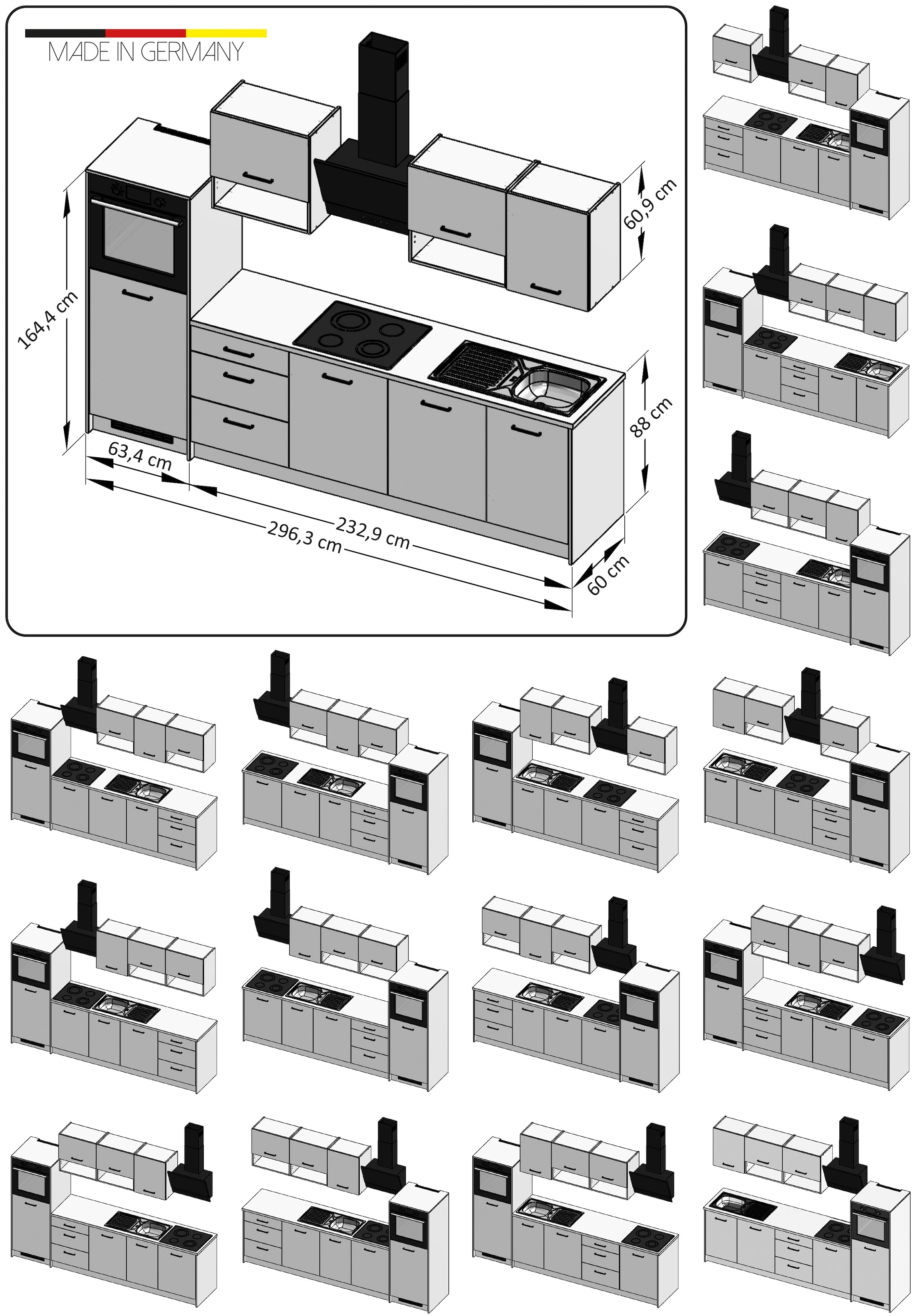 KOCHSTATION Küchenzeile »KS-Kolari, Küchenblock Made in Germany« Breite 290 cm, wahlweise mit Hanseatic-E-Geräten