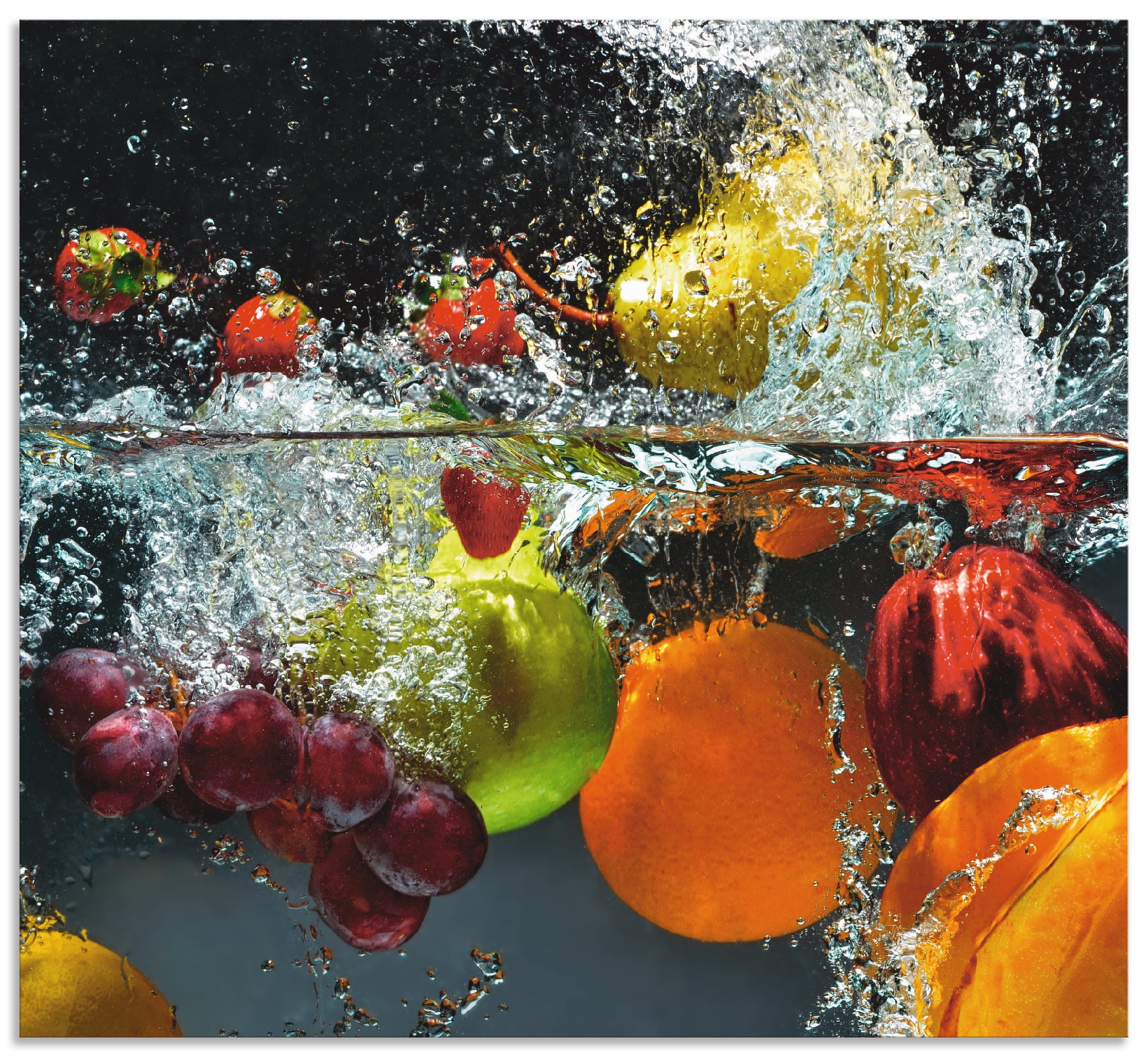 Artland Küchenrückwand »Spritzendes Obst auf dem Wasser«, (1 tlg.), selbstklebend in vielen Größen - Spritzschutz Küche hinter Herd u. Spüle als Wandschutz vor Fett, Wasser u. Schmutz - Rückwand, Wandverkleidung aus Alu