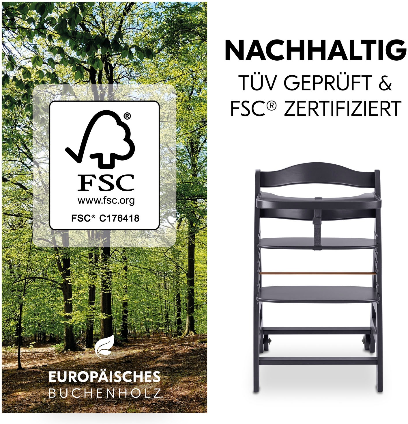Hauck Hochstuhl »Beta+, Dark Grey«, FSC® - schützt Wald - weltweit
