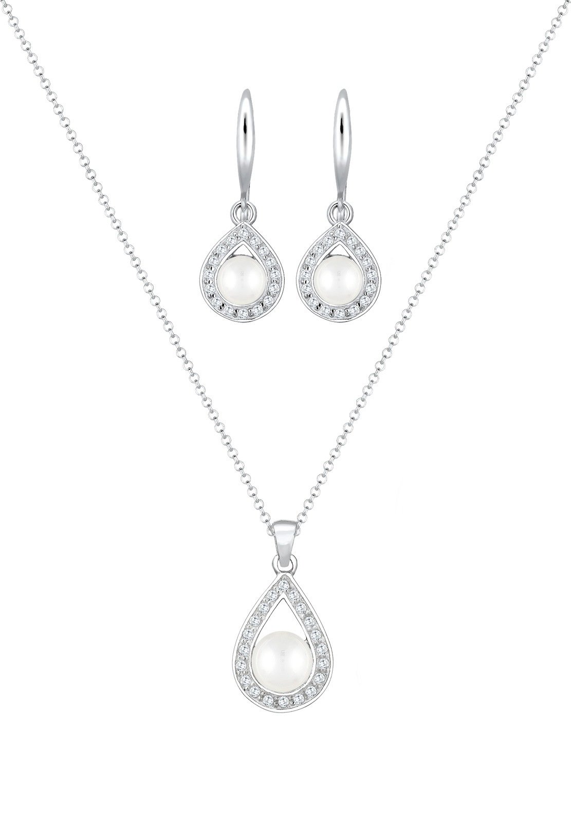 Elli Premium Ohrring und Ketten Set »Schmuckset Set Süßwasserzuchtperle Tropfen Zirkonia Weiß 925 Sterling Silber«