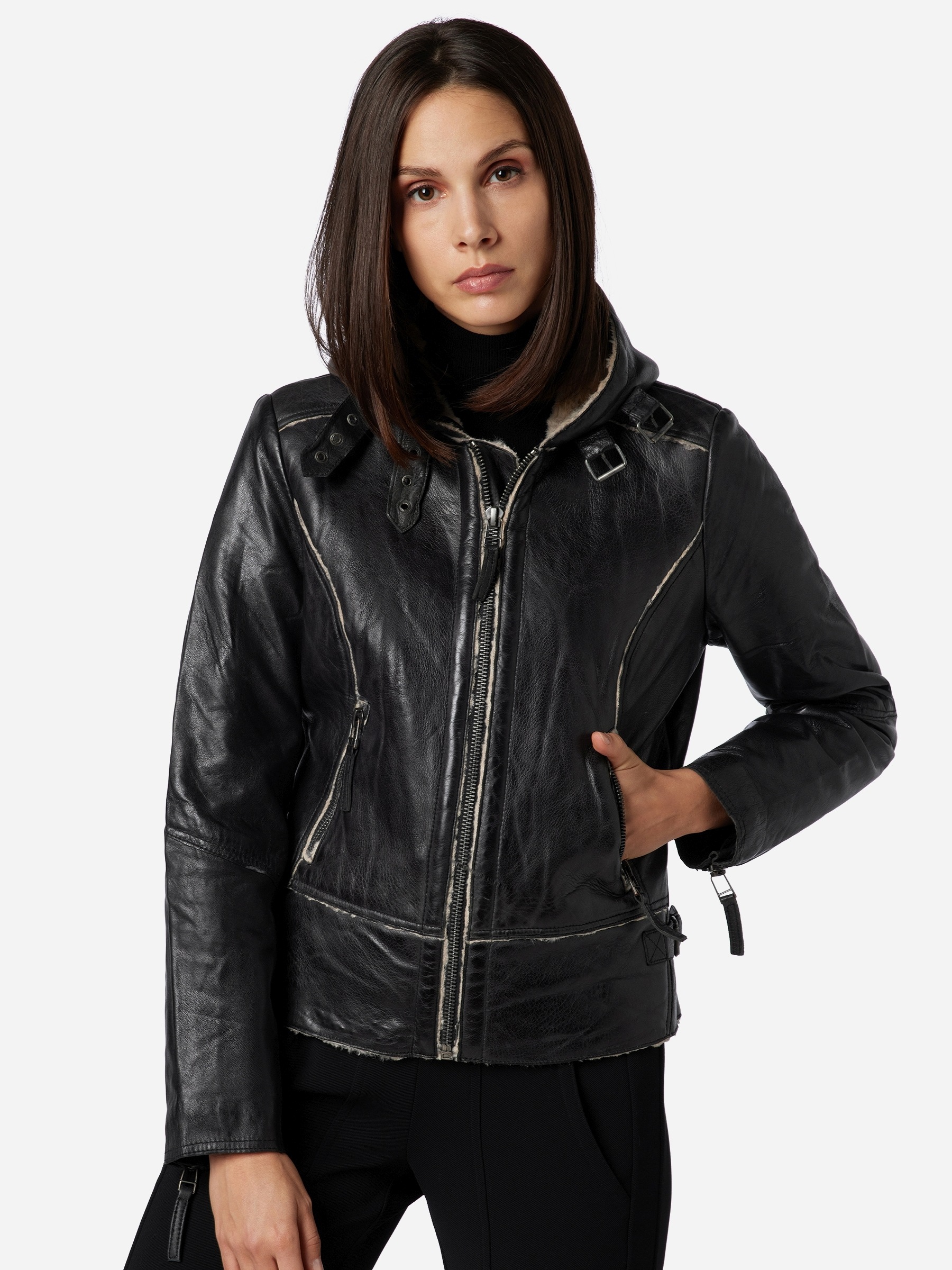 RICANO Bikerjacke »Lederjacke Julie« mitKapuze Handgefertigt aus echtem Leder