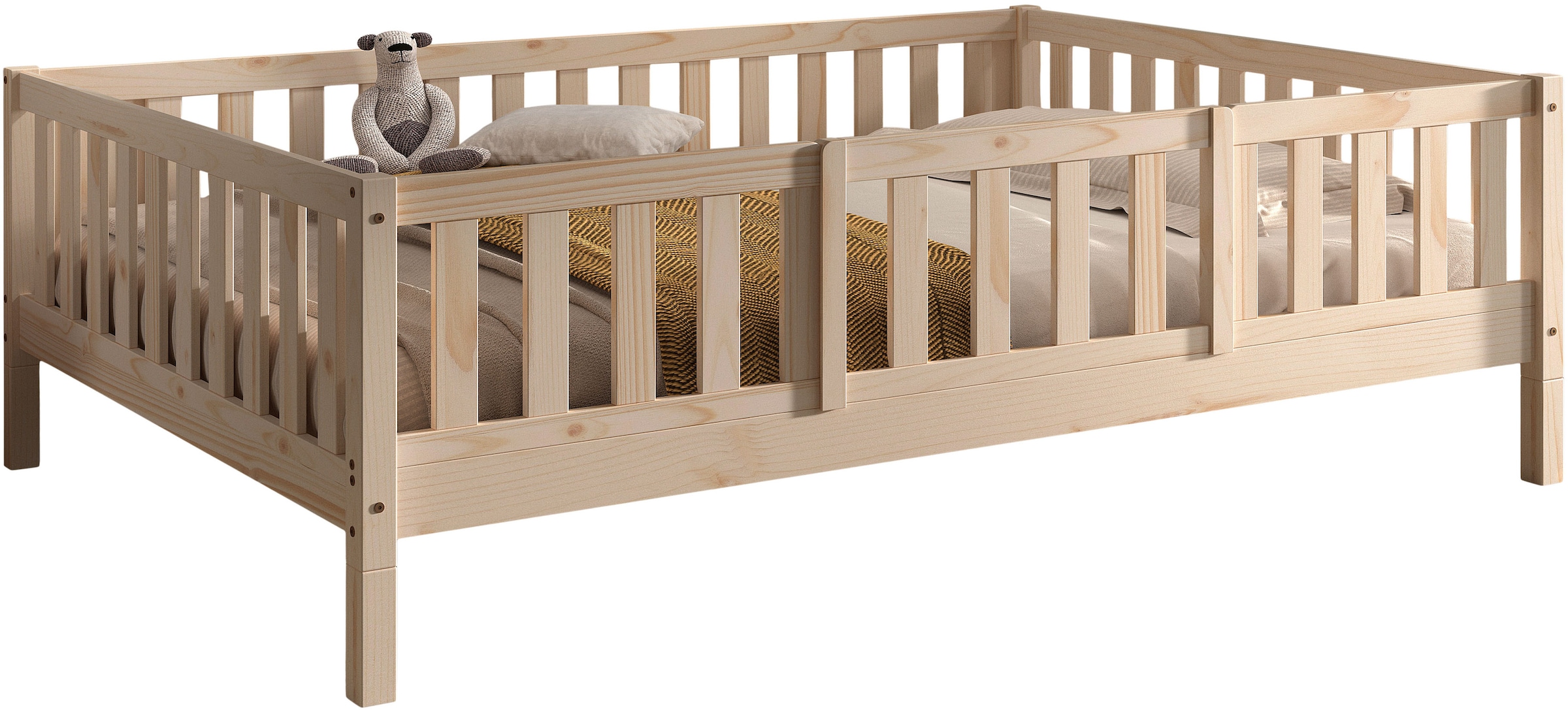 Vipack Daybett »Dallas Massiv Bett mit Rausfallschutz umbaubar vom Boden- zum Daybett« mit Bettschublade, wahlweise Kiefer massiv natur oder weiß