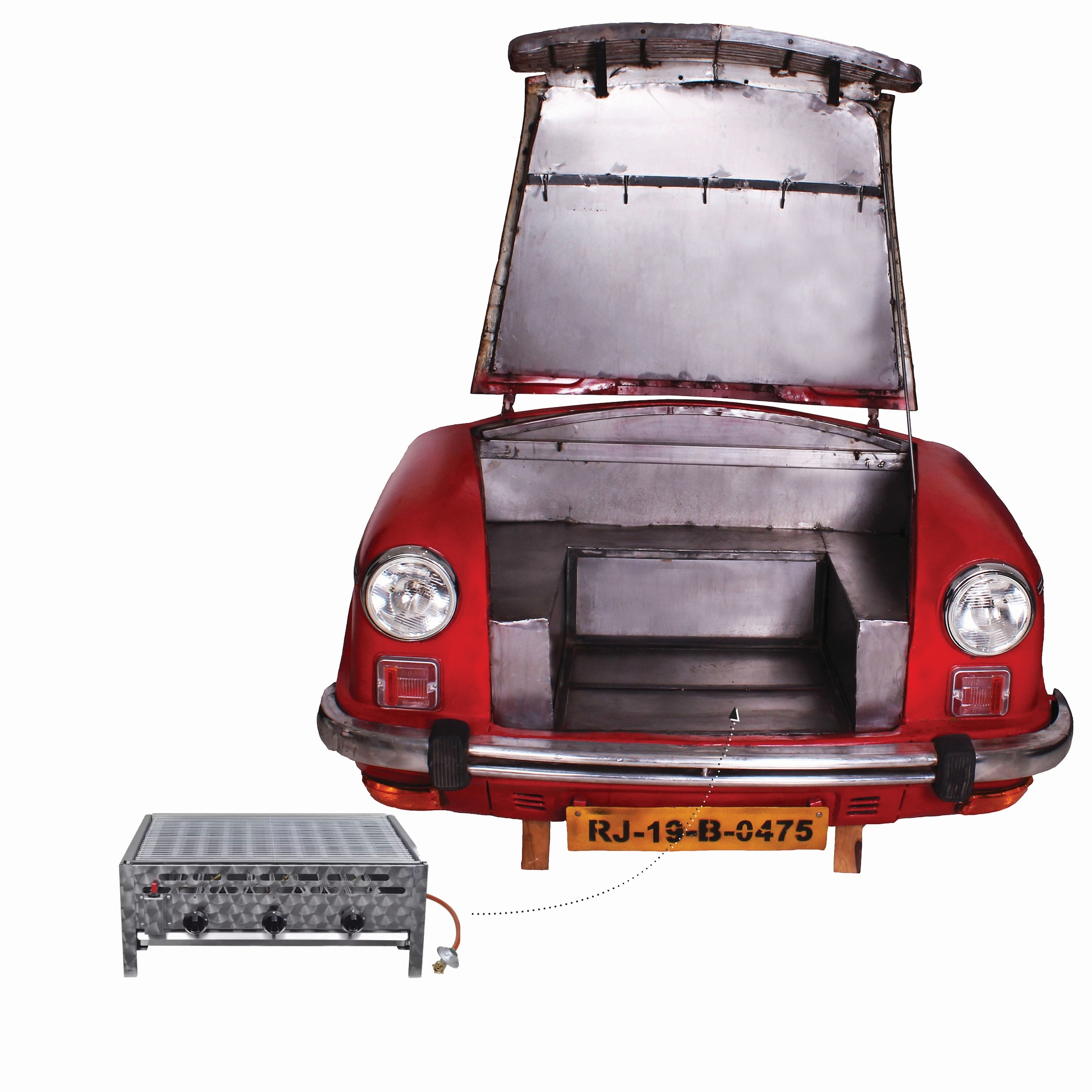 SIT Möbelblende, Recycelte Auto-Front, innen mit einem Edelstahl-Gasgrill