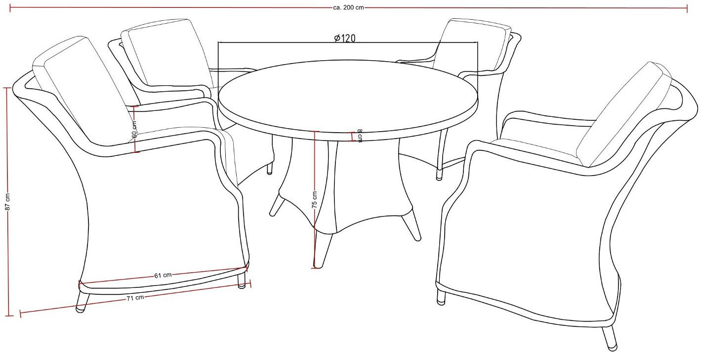 Destiny Garten-Essgruppe »LUNA« 4x Sessel, 1x Tisch, inkl. Auflagen, 13 Stk. tlg. Aluminium, Polyrattan