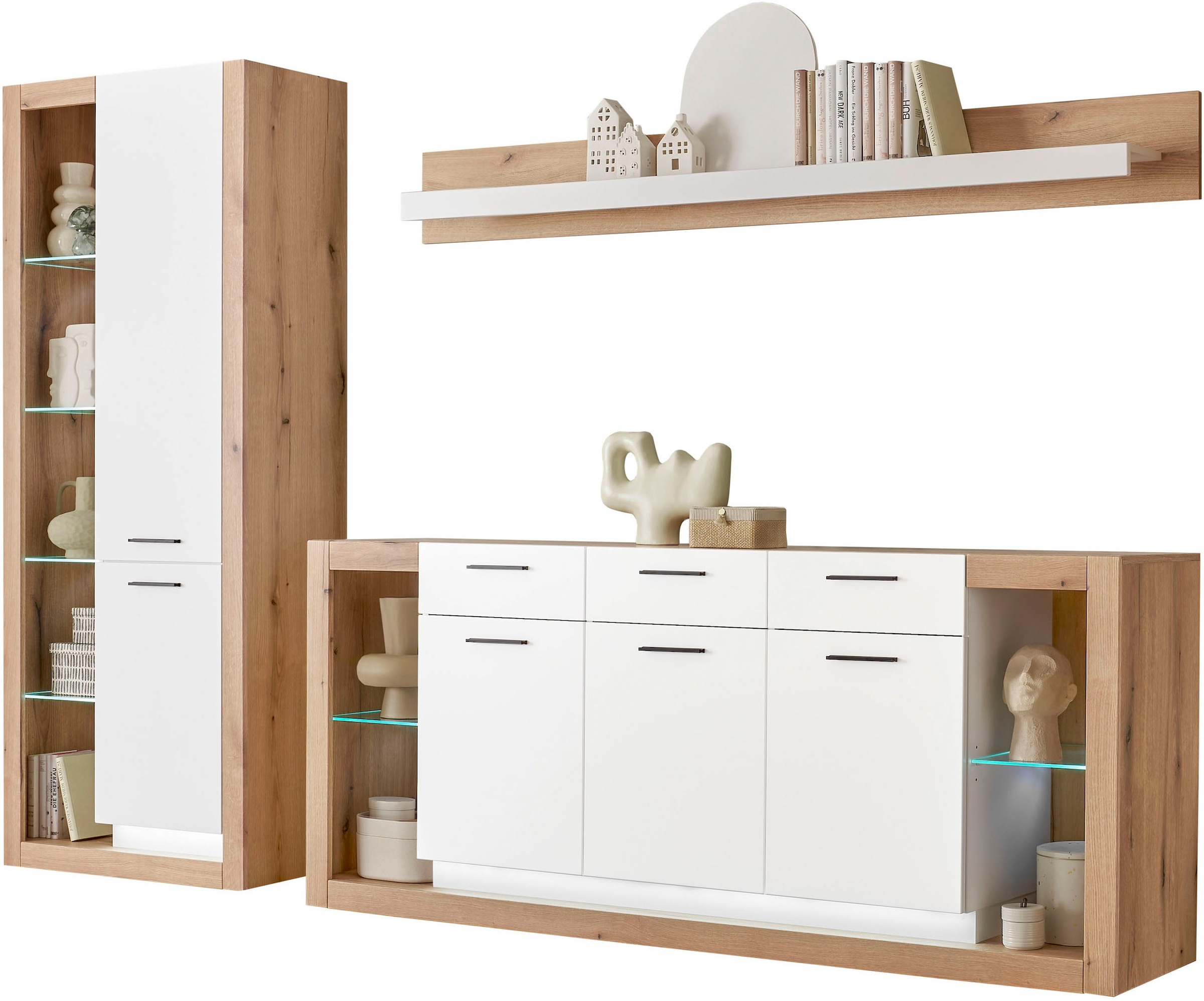 INOSIGN Wohnwand »Brixen, moderne Anbauwand, Wohnzimmer-Set, Eiche Evoke Dekor mit Weiß«, (Set, 3 St.), enthält Stauraumelement, Sideboard und Wandboard