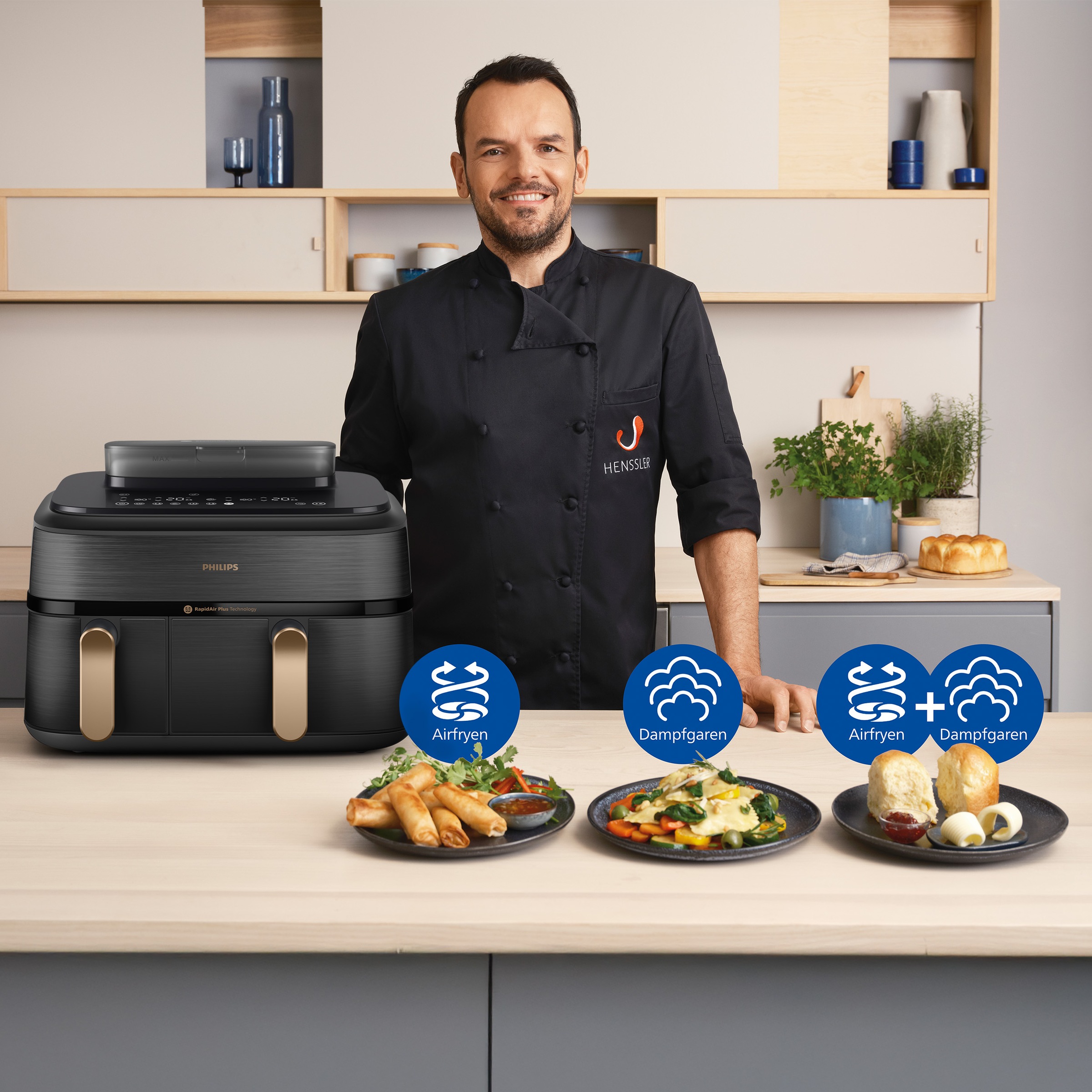 Philips Heißluftfritteuse »NA552/00 Steam Airfryer 5000 Series Dual Basket 9L Kapazität (3L+6L)«, 2750 W, mit Dampfgar-Funktion; Schwarz/Kupfer