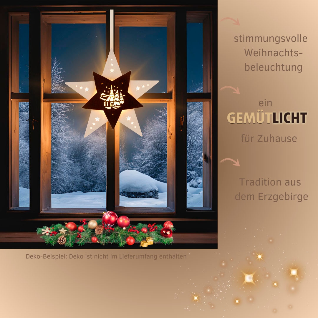 Weigla Dekostern »LED Seiffener Kirche, beleuchtetes Fensterbild, Weiẞ-BRAUN«, (1 St.), Erzgebirge garantiert, Weihnachtsdeko Innen, Weihnachtsbeleuchtung