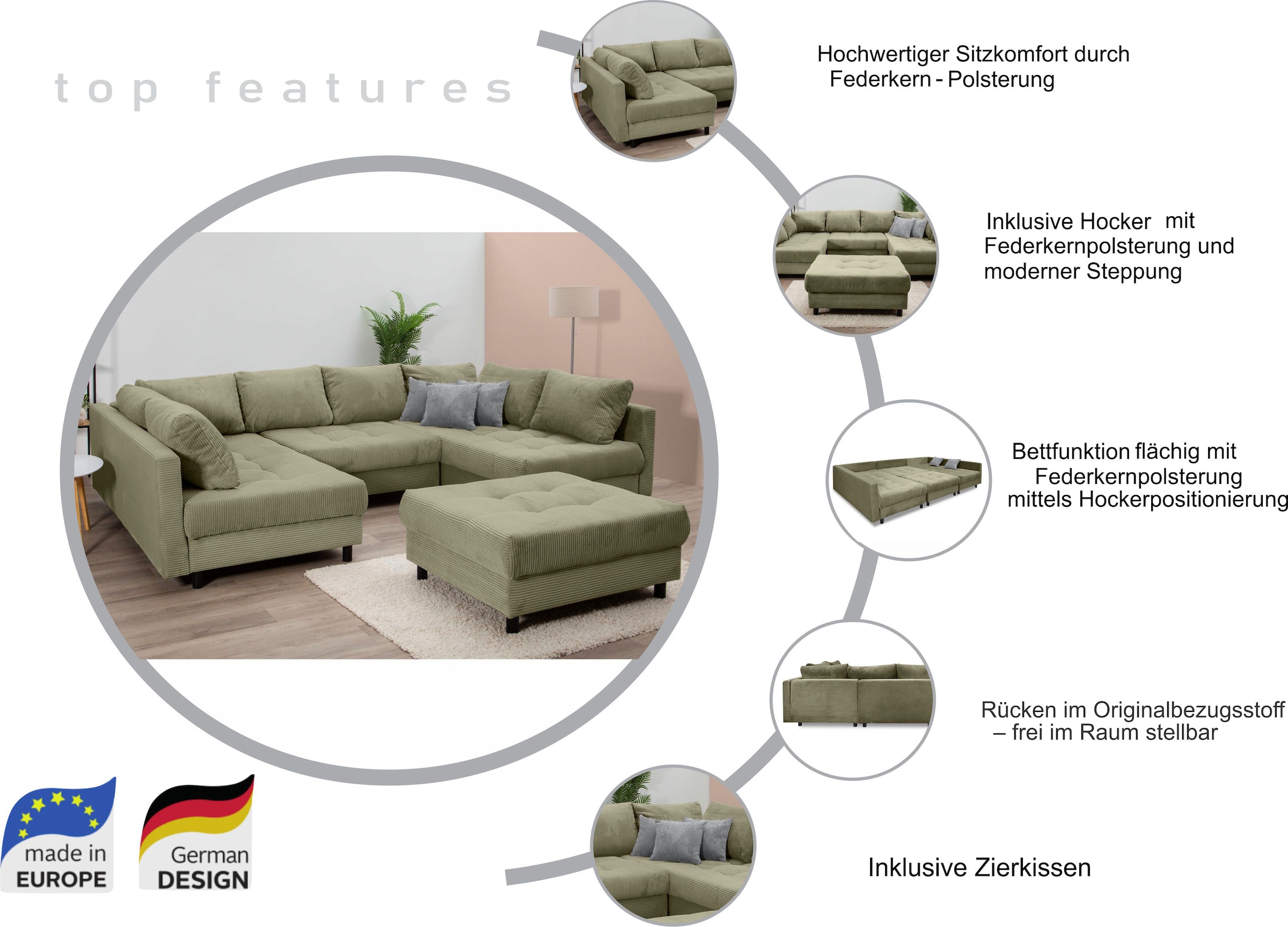 COLLECTION AB Wohnlandschaft »Antonia U-Form, B: 298 cm« Wohnlandschaft, Rückenkissen, 2 ottomane, Komfortablem Bonnelfederkern